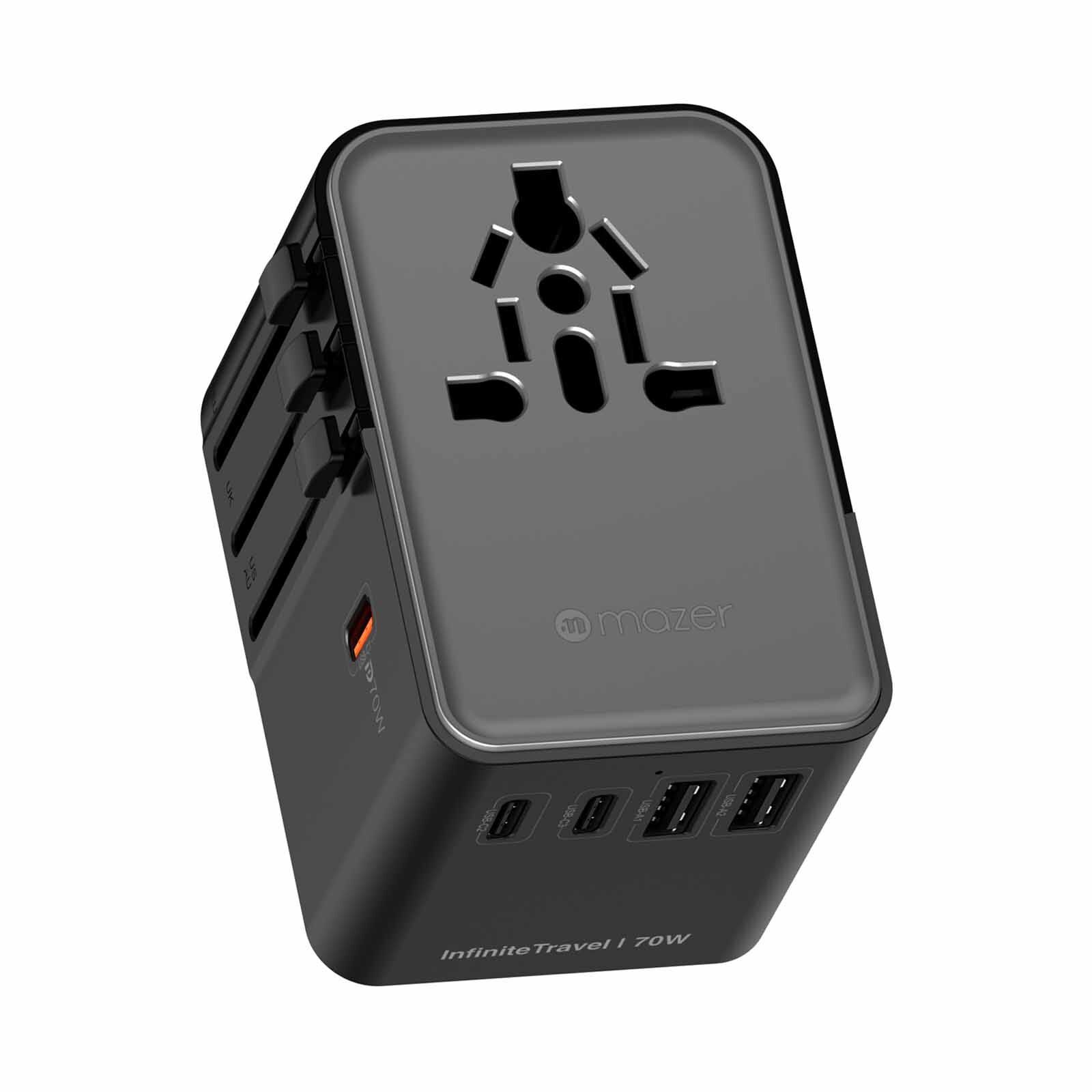 MAZER Infinitetravel Gan Pd70w 3c+2a 100-240v/8a Spare Fuse World Travel Charger-blackgrey M-IFTRAVEL170PD-BG-image 2