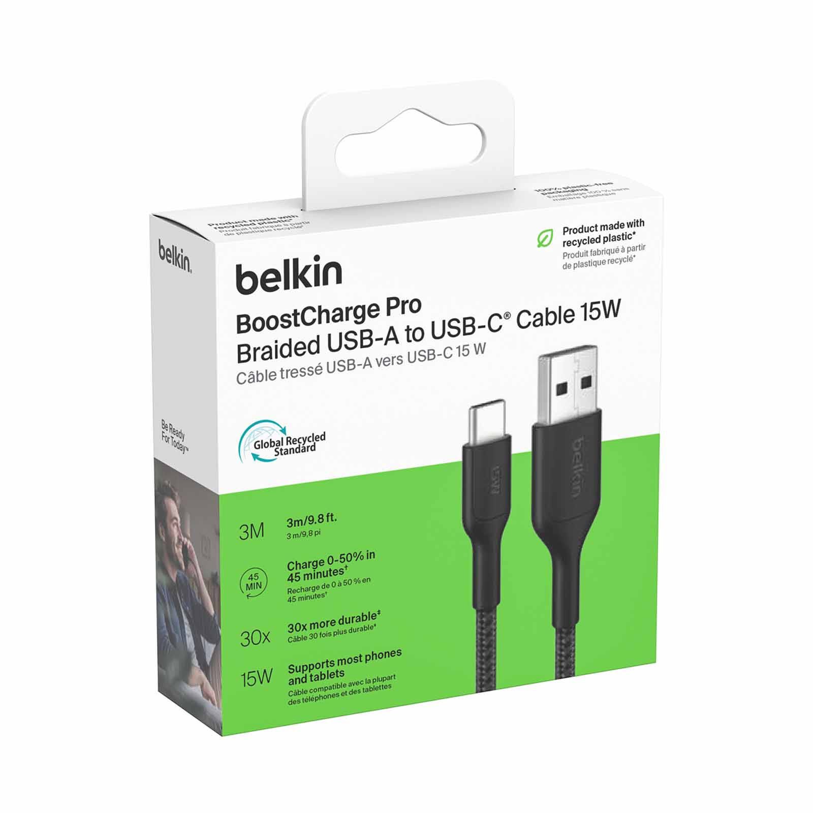 BELKIN Usb-a - Usb-c Cable 2.0, Braided Pcr, 3m, Black CAB022FQ3MBK-image 4