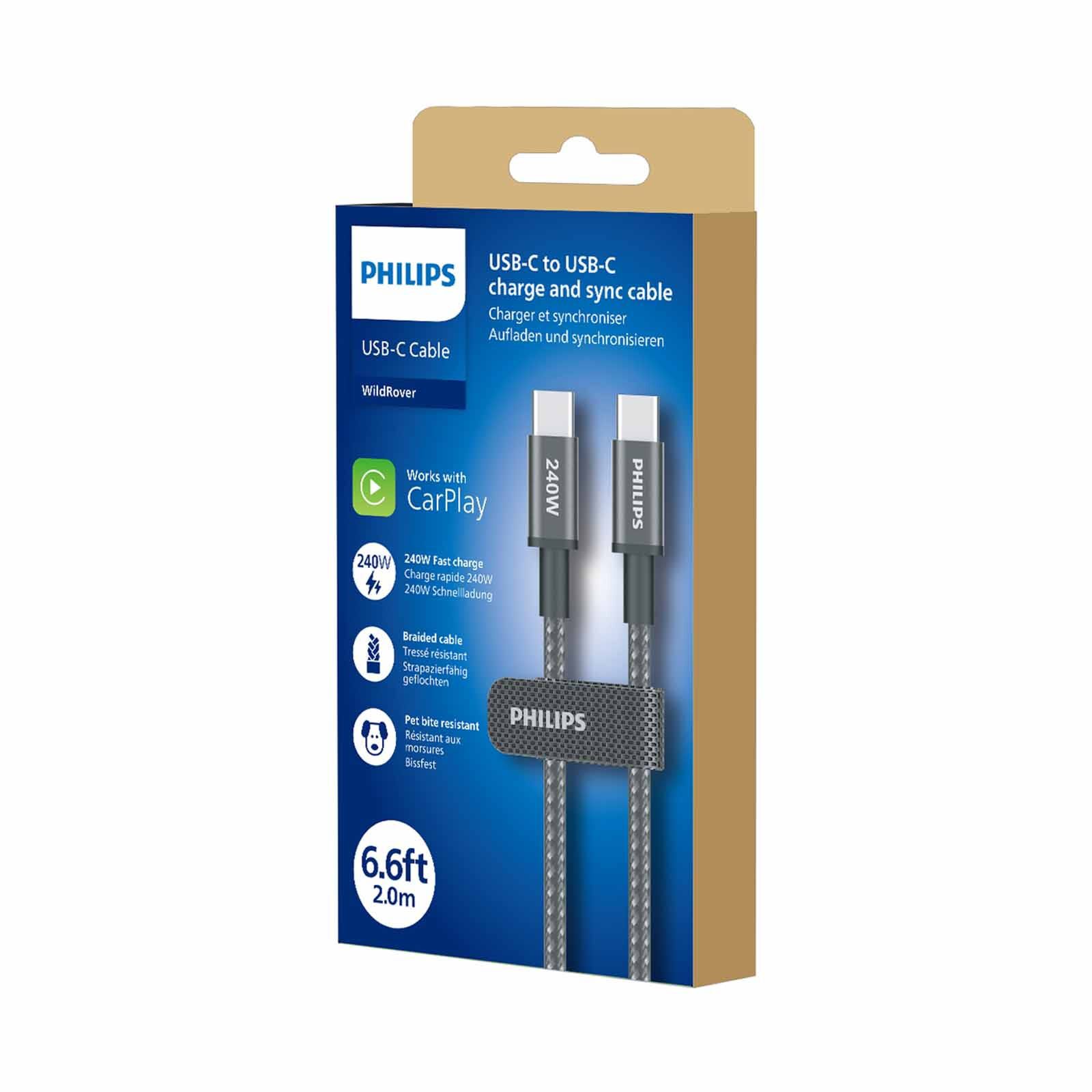 PHILIPS Sync & Charge Cable C To C - 2 Meter Max 5a (240w) Black Braided 480 Mbps DLC7060C/00-image 3