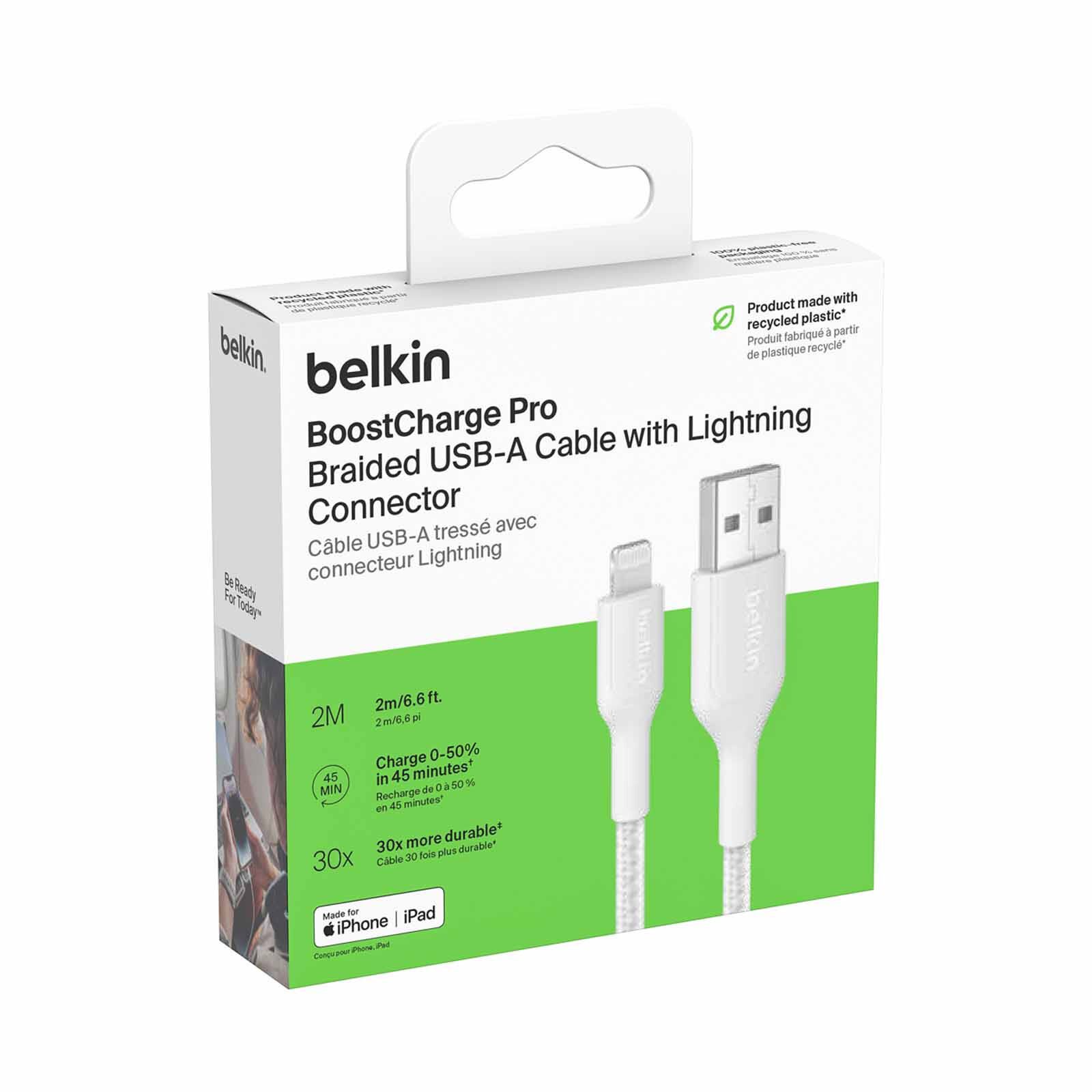 BELKIN Usb-a - Lightning Cable, Braided Pcr, 2m, White CAA020FQ2MWH-image 3