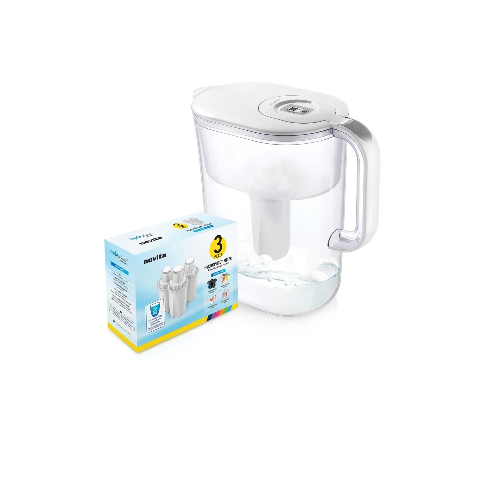 NOVITA Water Pitcher White Hydropure & Filter Pack NP120W BUNDLE