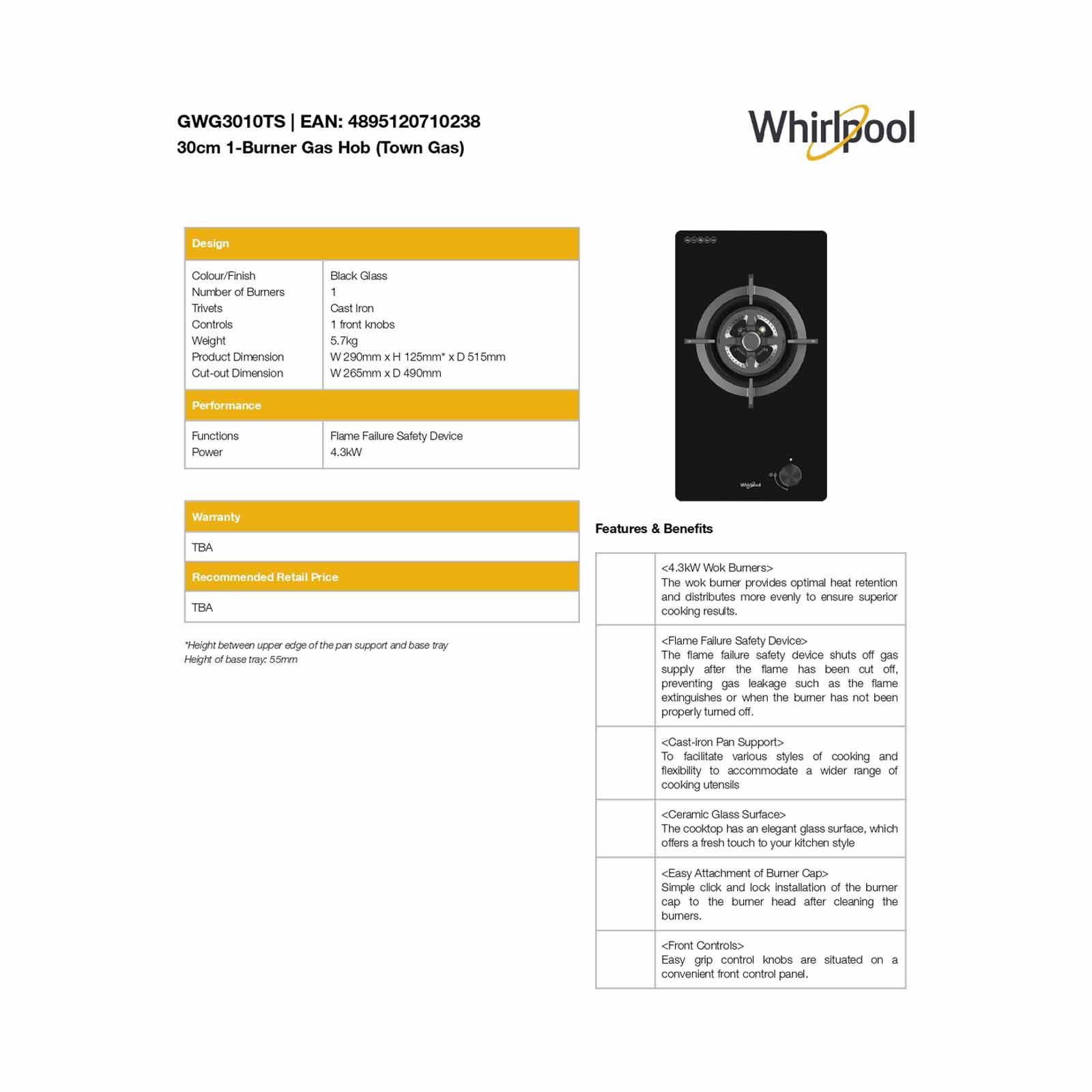 WHIRLPOOL Domino Gas Hob Single Burner Ls (lpg) GWG3010LS-image 4