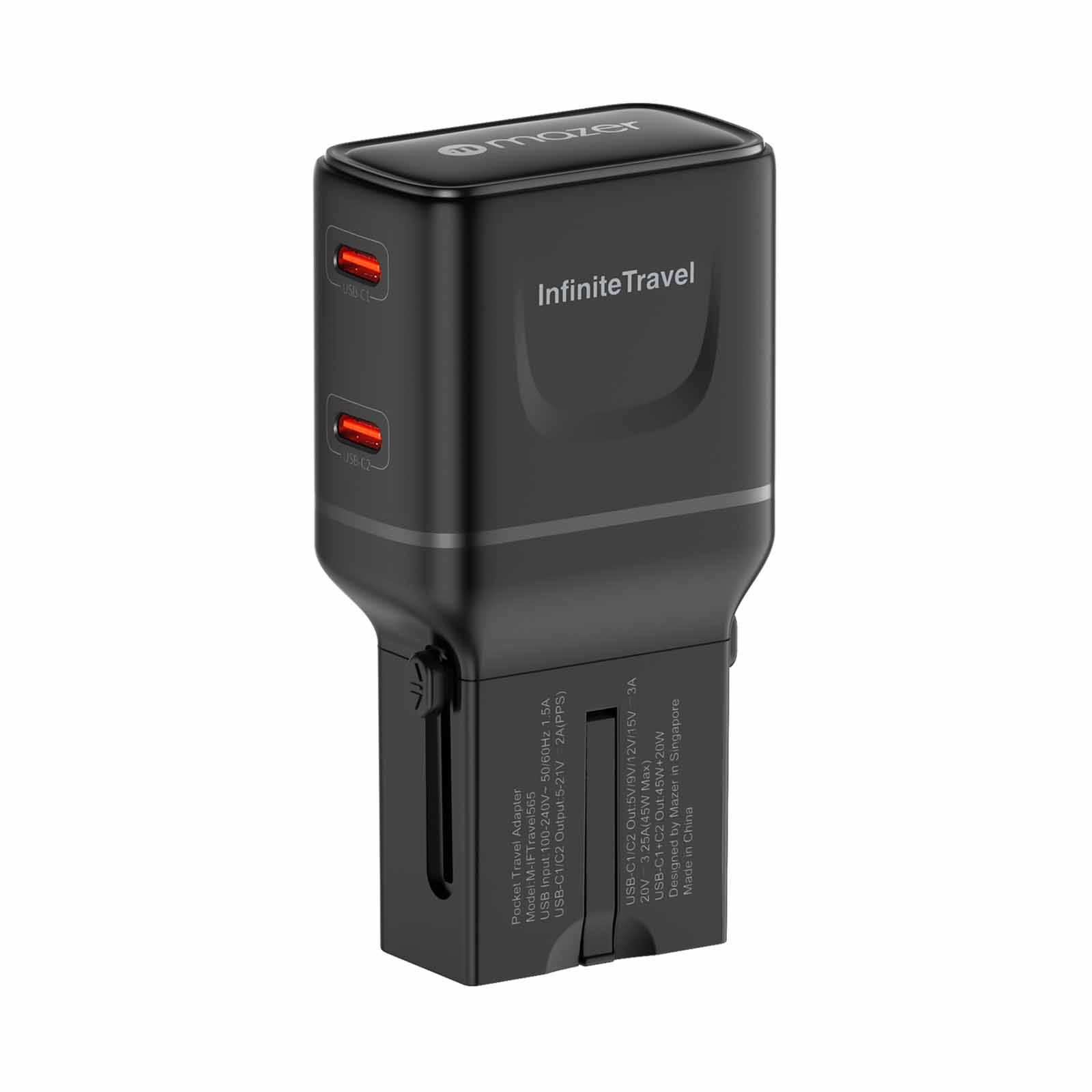 MAZER Infinitetravel Pocket Gan Pd65w 2c Travel Charger-black M-IFTRAVEL565-BK