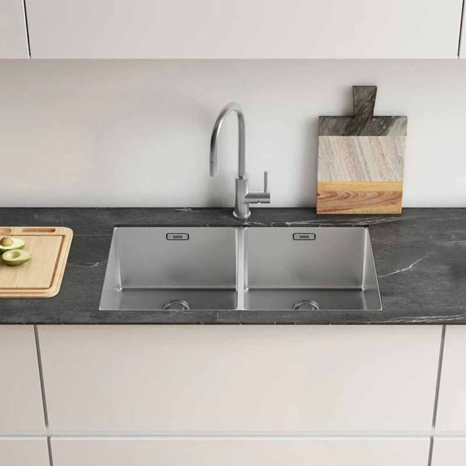 FRANKE Double Bowl S/s Kitchen Sink C/w Waste Fittings Size:782x450x200mm BOX220-36-image 2