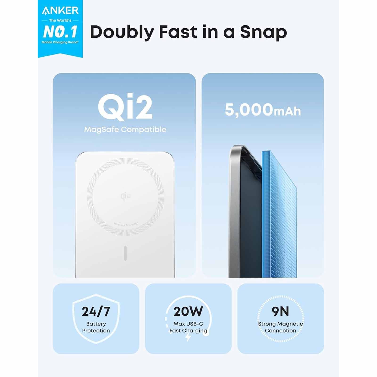 ANKER Maggo Ultra-slim 5000mah Qi2 Certified 15w Powerbank - White A1665H21-image 3