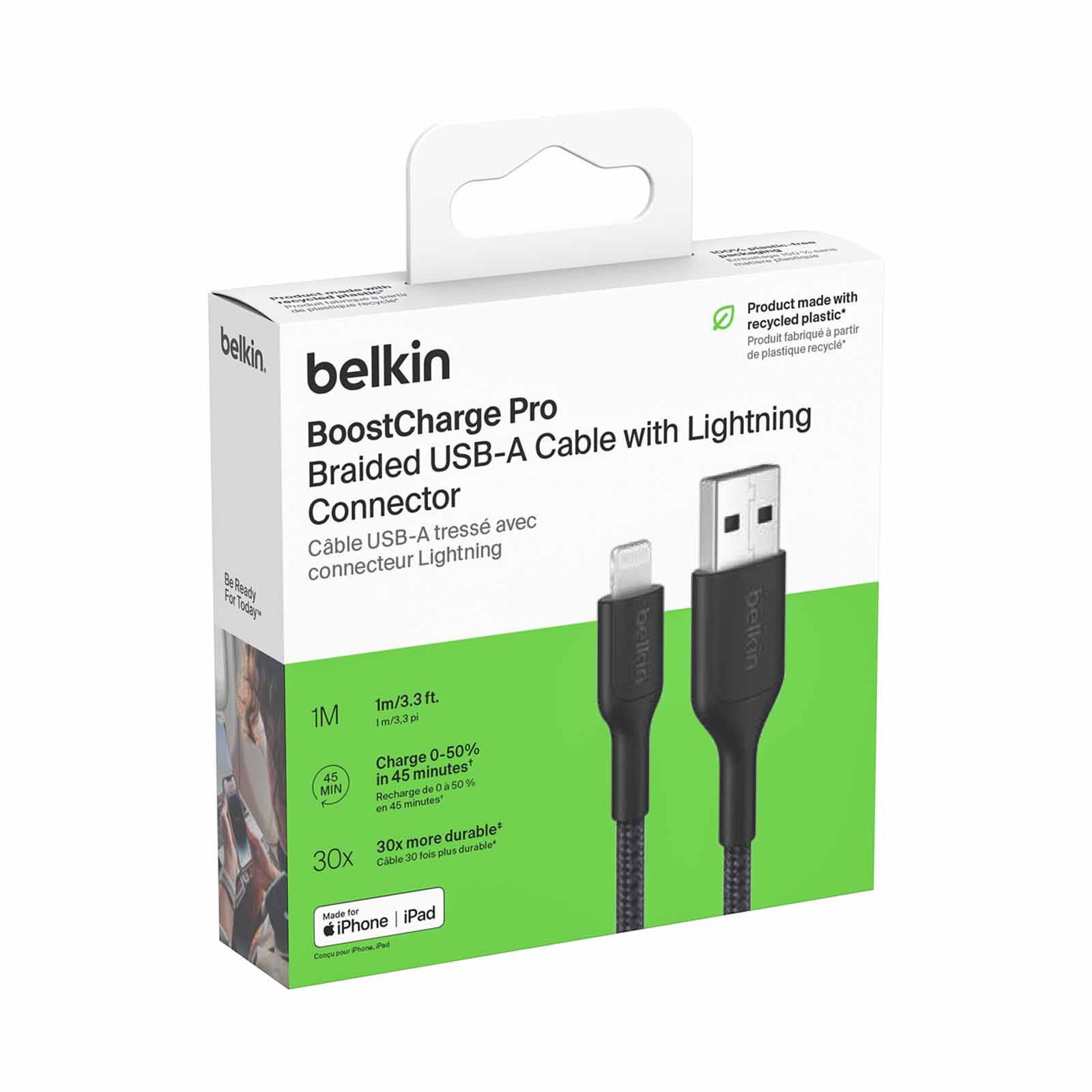 BELKIN Usb-a - Lightning Cable, Braided Pcr, 1m, Black CAA020FQ1MBK-image 2