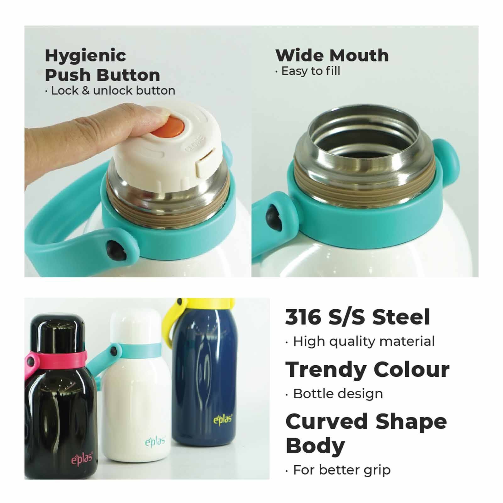 EPLAS 316 Double-walled Stainless Steel One Touch Thermal Bottle With Handle (700ml) - Black/pink EVB-700-image 6
