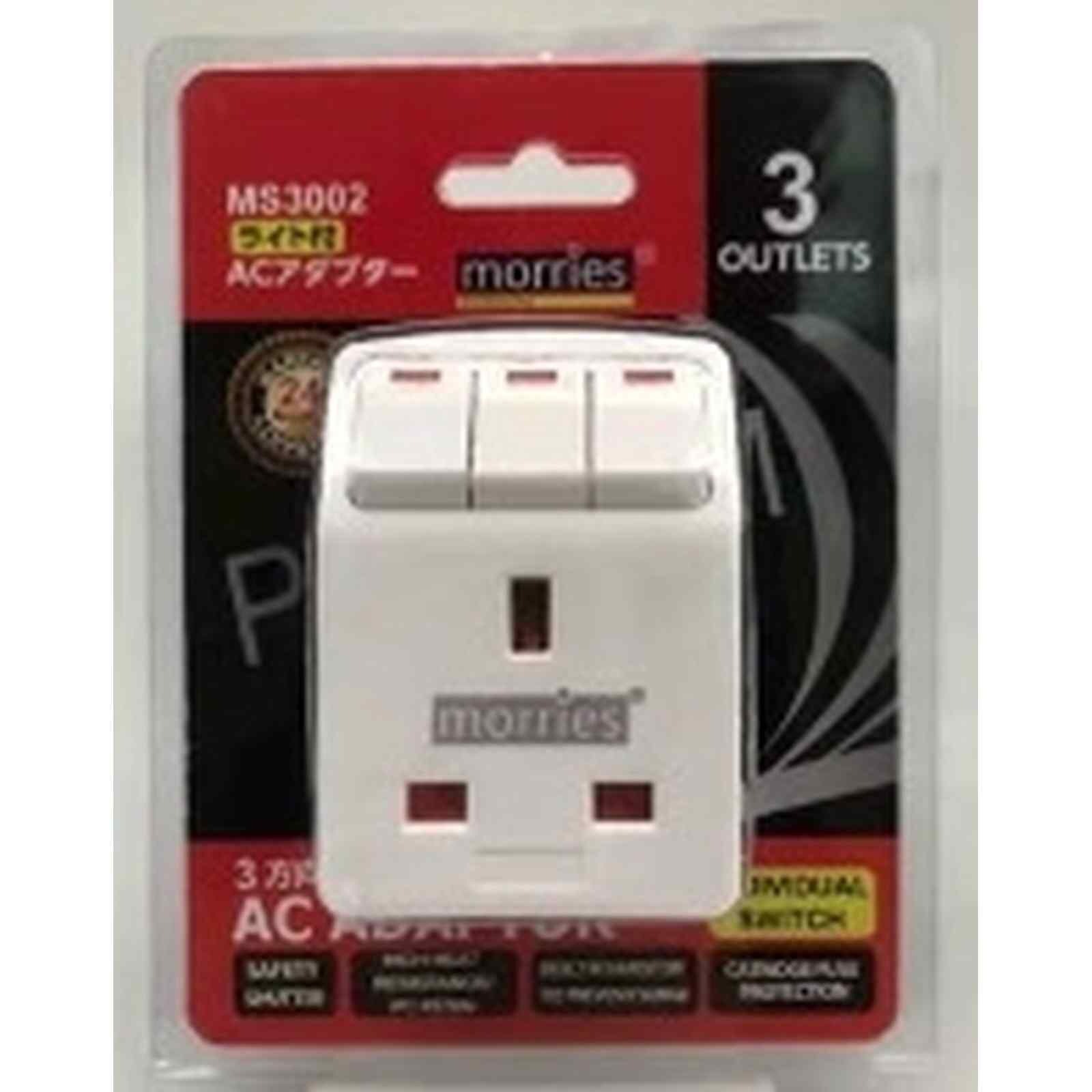 MORRIES 3 Way Adaptor W/switch & Surge Protection MS-3002