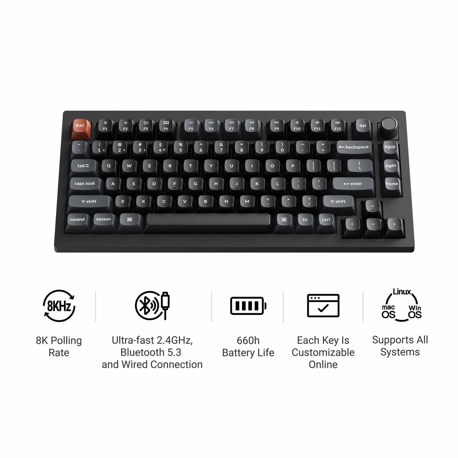 KEYCHRON V1 Ultra 8k 75% 82 Key Black Knob Rgb Hot-swap Silk Pom Brown Switch KYCN-V1U-D3-image 2