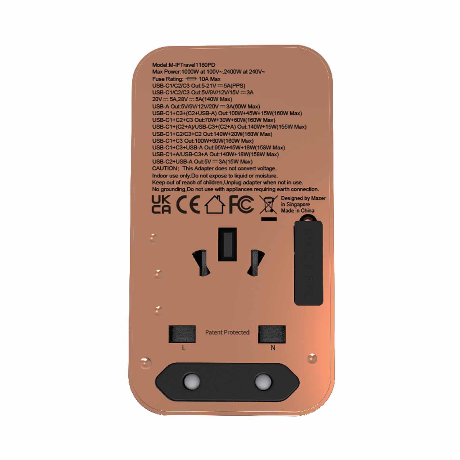 MAZER Infinitetravel Gan Pd3.1 160w 3c+1a+1ac Socket/100-240v/10a World Travel Charger-desert Titanium M-IFTRAVEL1160PD-DT-image 2