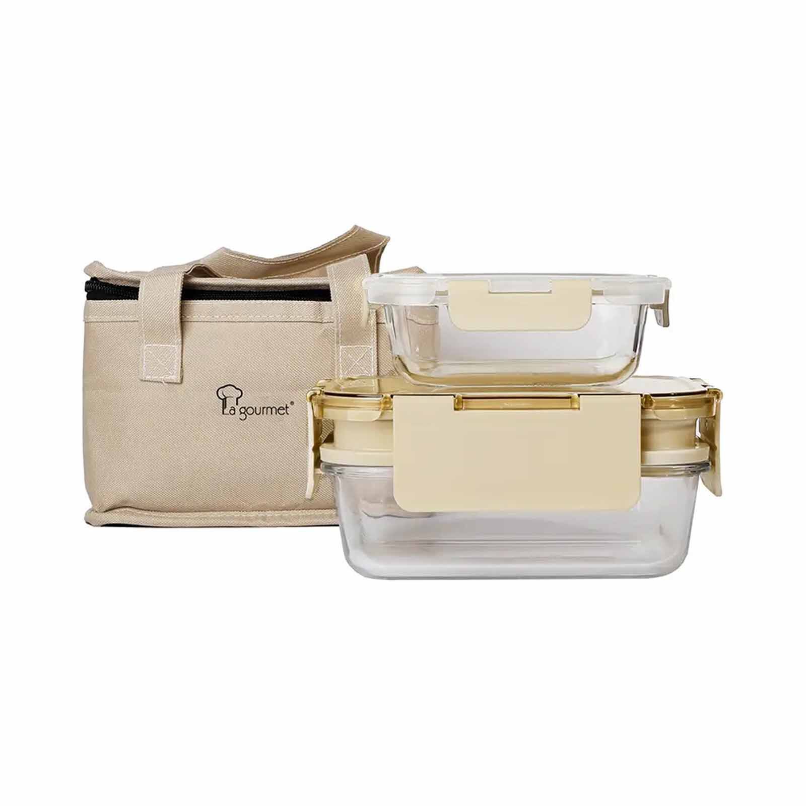 LA GOURMET Pureglass 2pcs Container Set With Pouch (1700+370ml) - Milktea LGPS438621