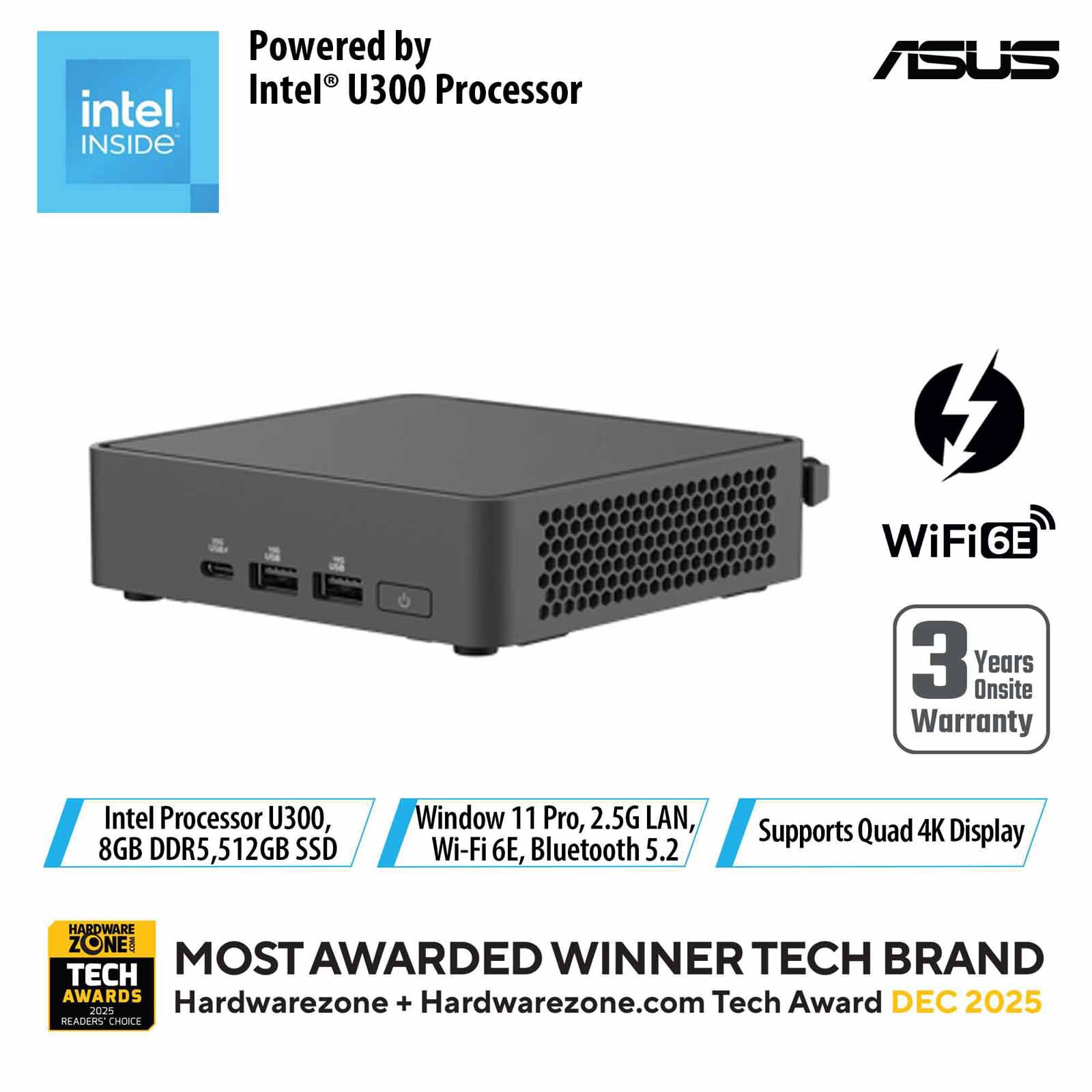 ASUS Nuc 15 Lite U300 8gb 512gb Ssd Win 11 Pro Intel Uhd Graphics Black BNUC15CRLIP053C2-image 1