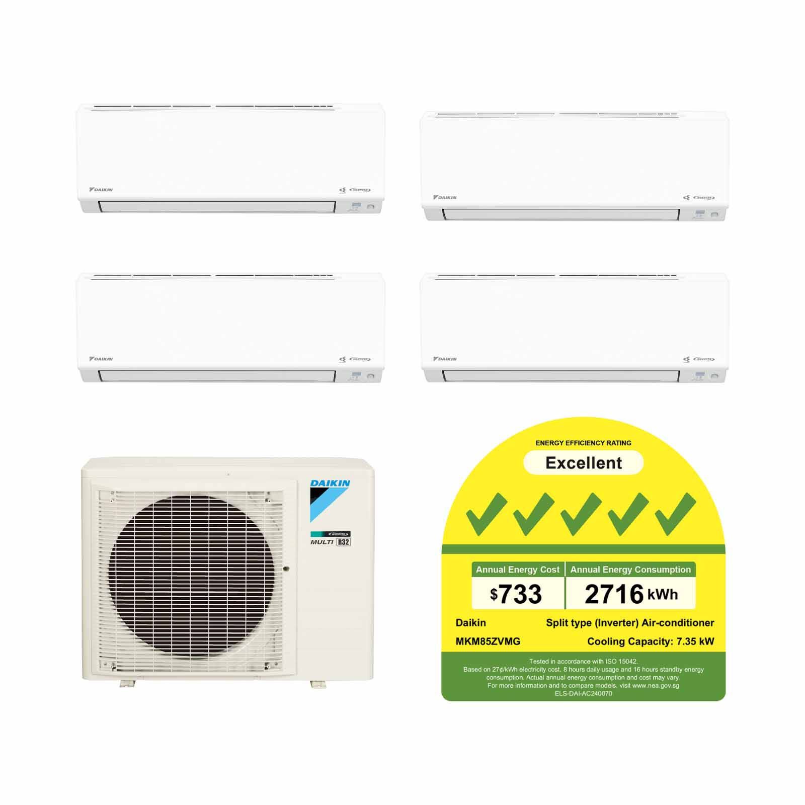 DAIKIN Daikin 8.5kwh Condenser Ismile Eco+ Series System 4 (9000btu X 3, 21000btu X 1) MKM85ZVMG+CTKM25ZVMG X 3/CTKM60ZVMG