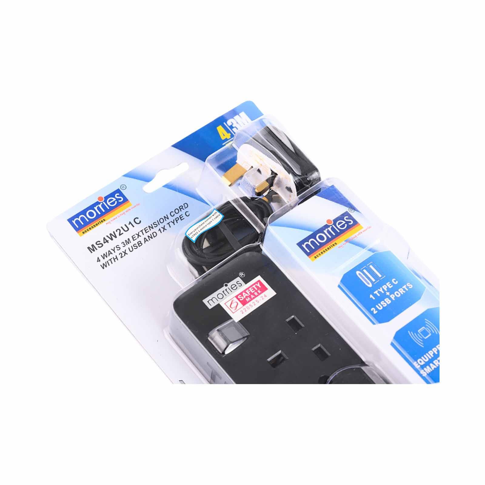 MORRIES 4 Way 3m Extension Cord (2 Usb And 1 Type C) Black MS-4W2U1C/3M/BK-image 5
