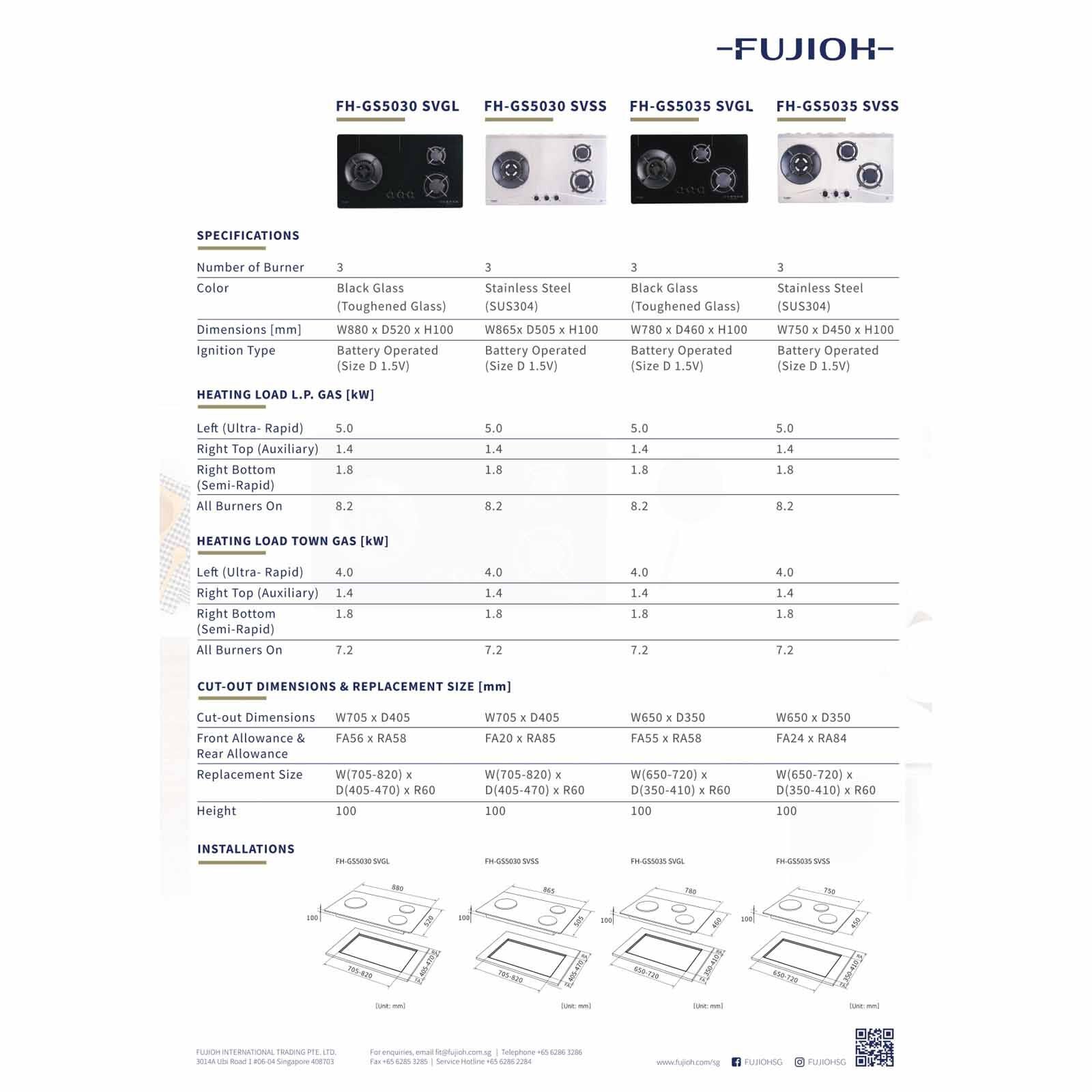 FUJIOH 75cm 3 Burners Gas Hob (tg) - Stainless Steel (exclude Installation) FH-GS5035 SVSS TG-image 3