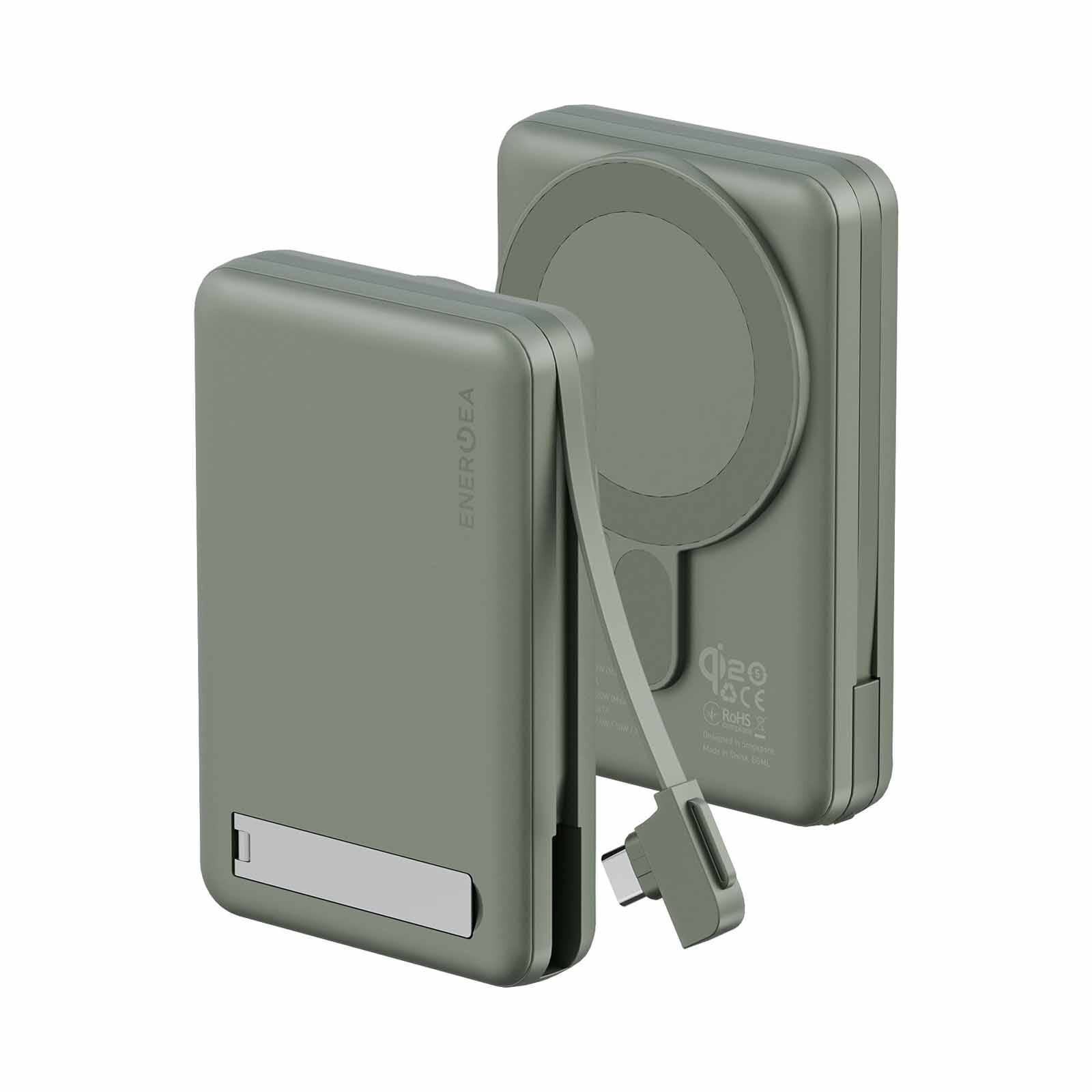 ENERGEA Magpac Pro Plus, 10000mah Magsafe Compatible Qi2 Powerbank With Built-in Cable And Stand - Sage MP-PROPLUS-SAG-image 1