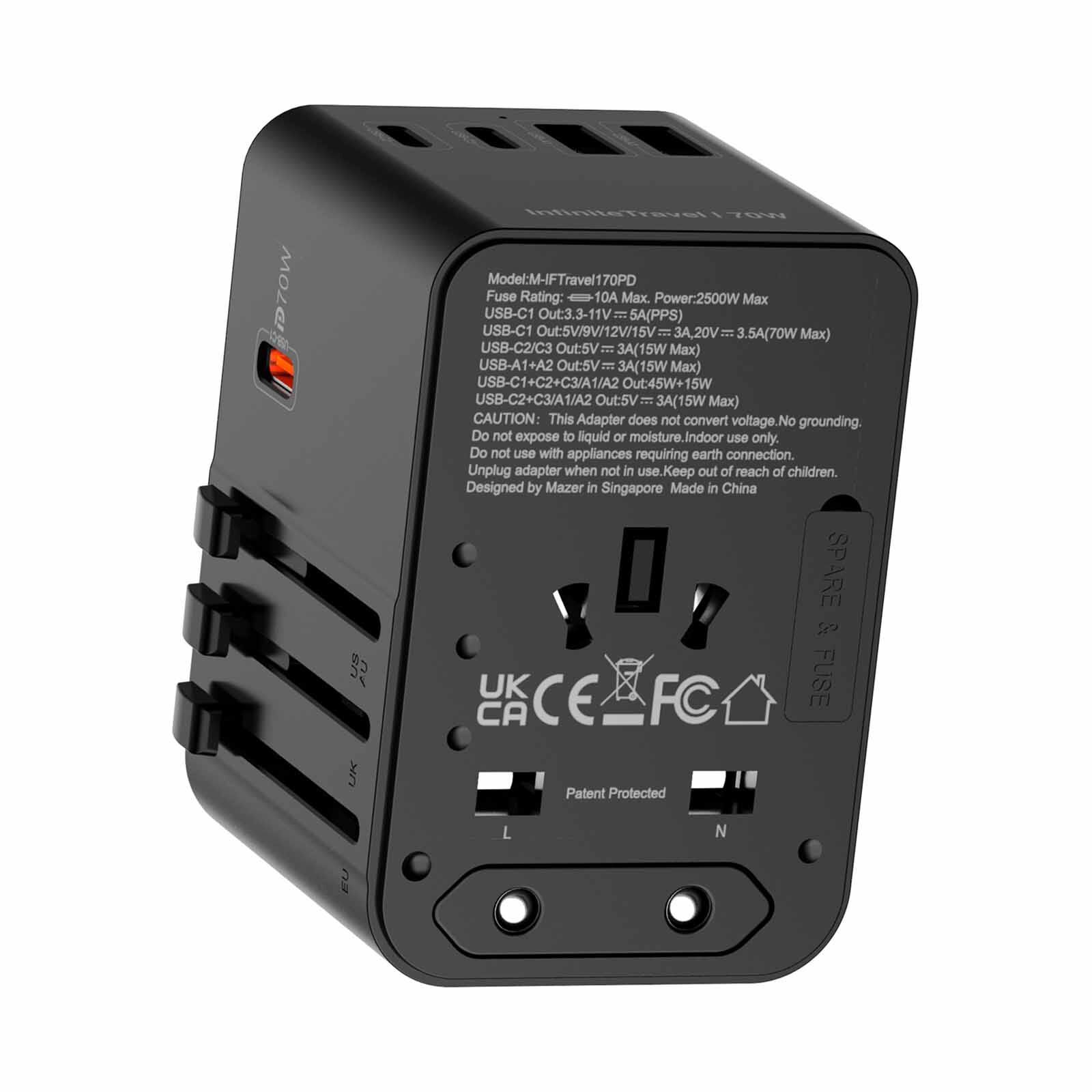 MAZER Infinitetravel Gan Pd70w 3c+2a 100-240v/8a Spare Fuse World Travel Charger-blackgrey M-IFTRAVEL170PD-BG-image 4