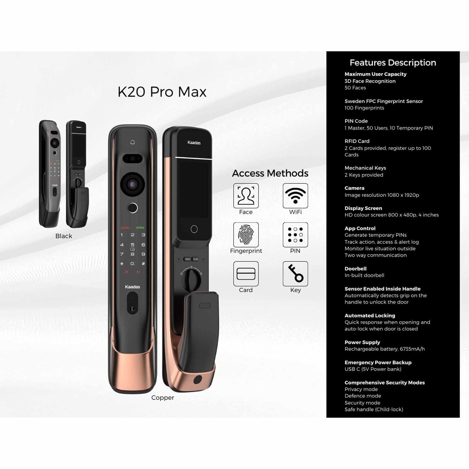 KAADAS Wifi Mortise Door Lock With 3d Face Recognition, Built-in Doorbell & Viewer K20 PRO MAX COPPER-image 12