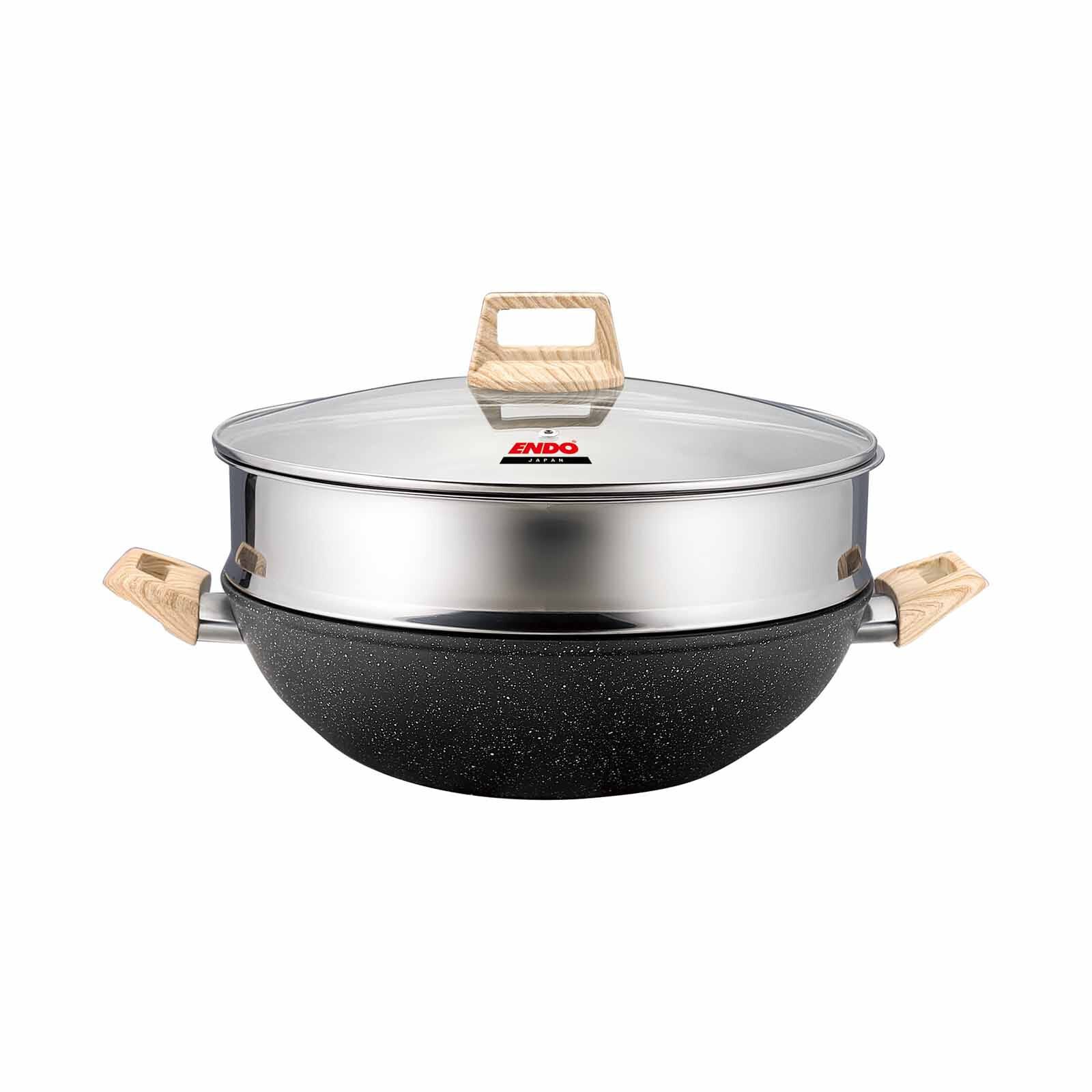 ENDO Ganseki 32cm I.h. Die Cast Chef Wok + Steamer E-GSK-32W+S-image 3