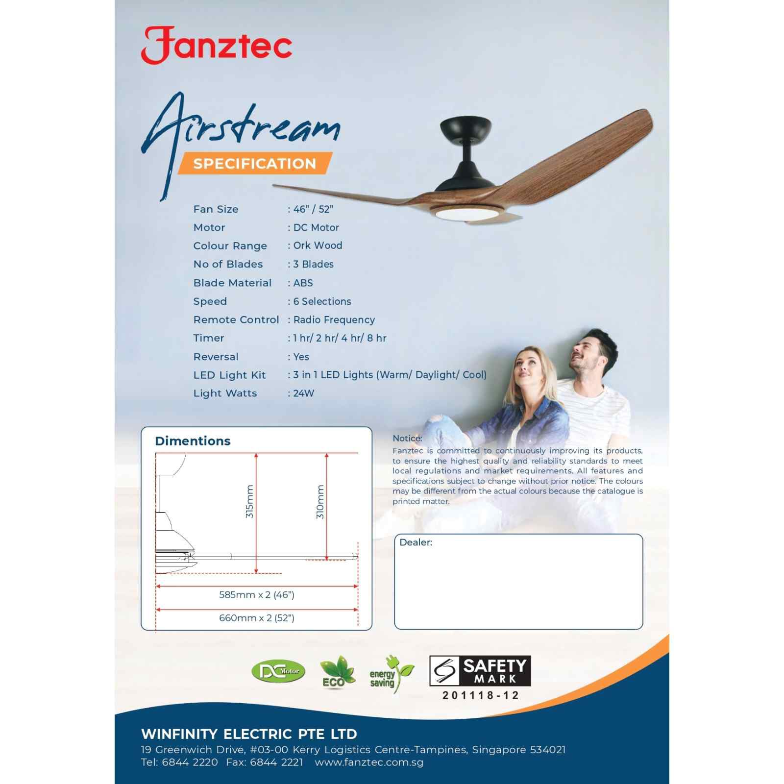 FANZTEC 52 In Dc Ceiling Fan With Led Light (ork Wood) AIRSTREAM 52" ORK WOOD-image 4