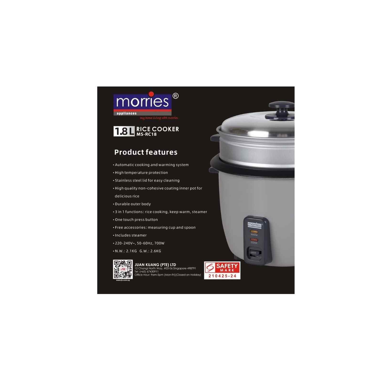 MORRIES Rice Cooker With Steamer (1.8l) MS-RC18-image 4