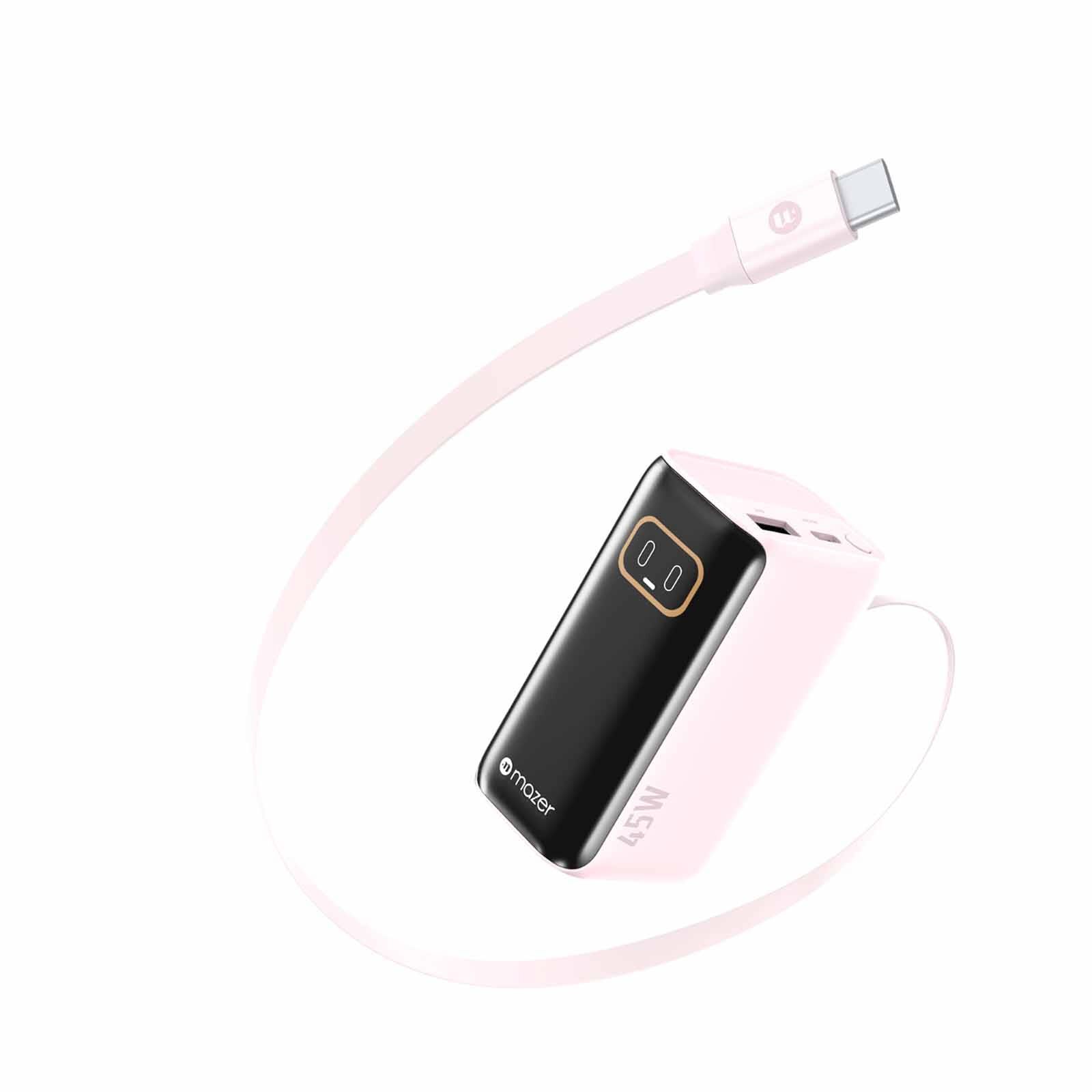 MAZER Powercharge Rlink 10,000mah/pd45w With Built-in Retractable C-cable Powerbank - Pink M-AI-PC45R10-V7-PK