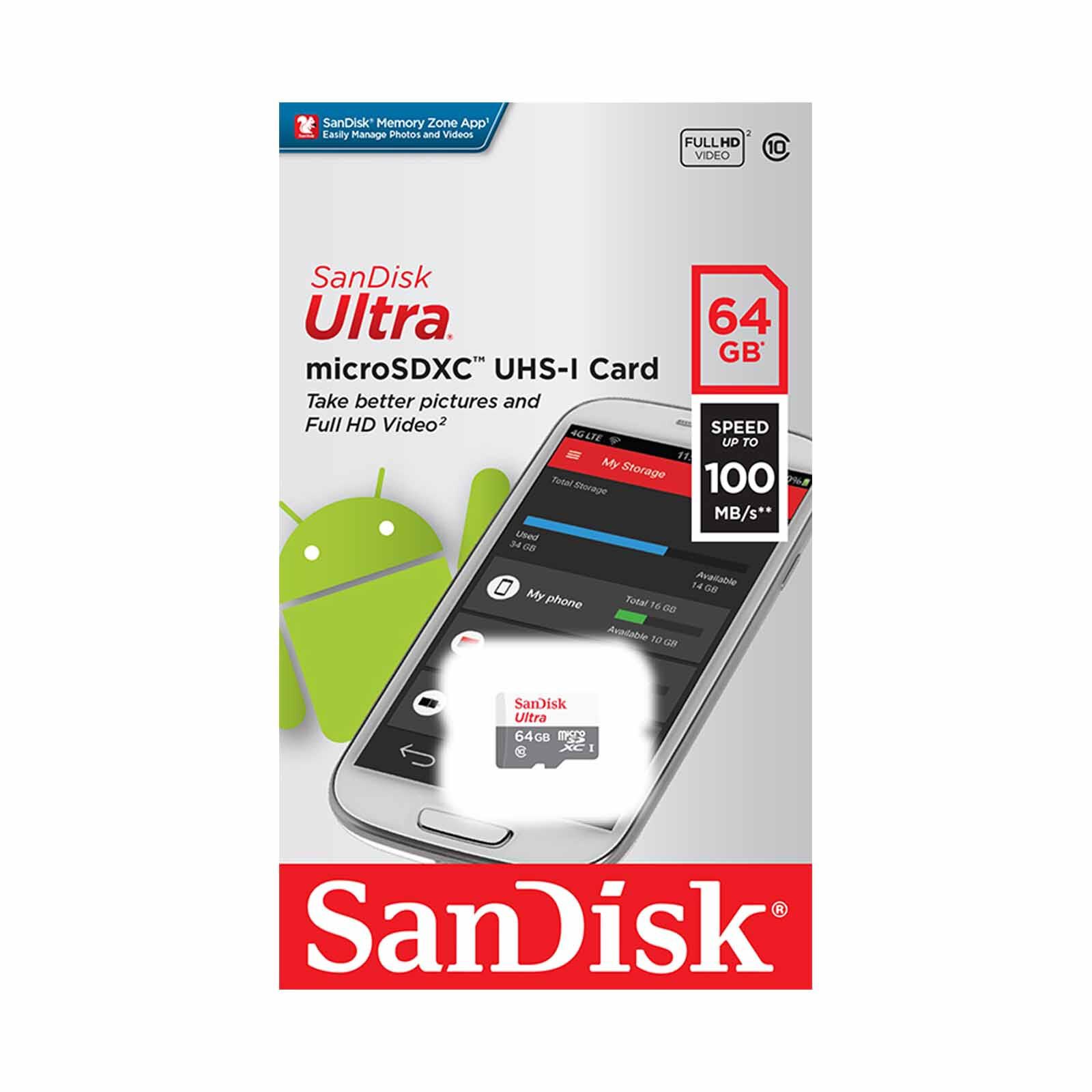 SANDISK Ultra Microsdxc 64gb, C10, Uhs-1, 100mb/s R, 3x5 SDSQUNR-064G-GN3MN-image 2