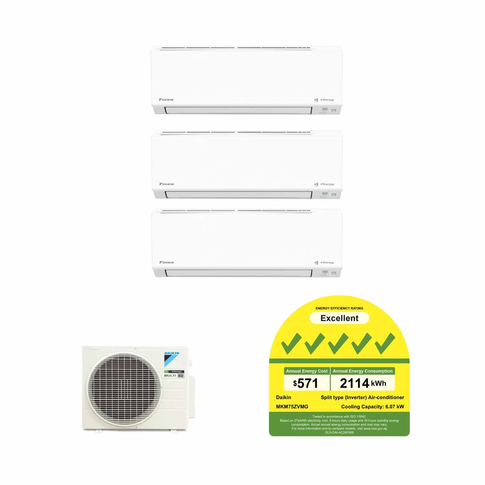 DAIKIN Daikin 7.5kwh Condenser Ismile Eco+ Series System 3 (12000btu X 3) MKM75ZVMG+ CTKM35ZVMG X 3
