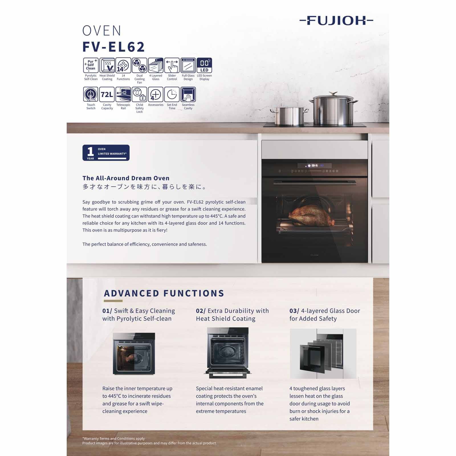 FUJIOH 72l Pyrolytic Self-clean Built In Oven (exclude Installation) FV-EL62 GL-image 11