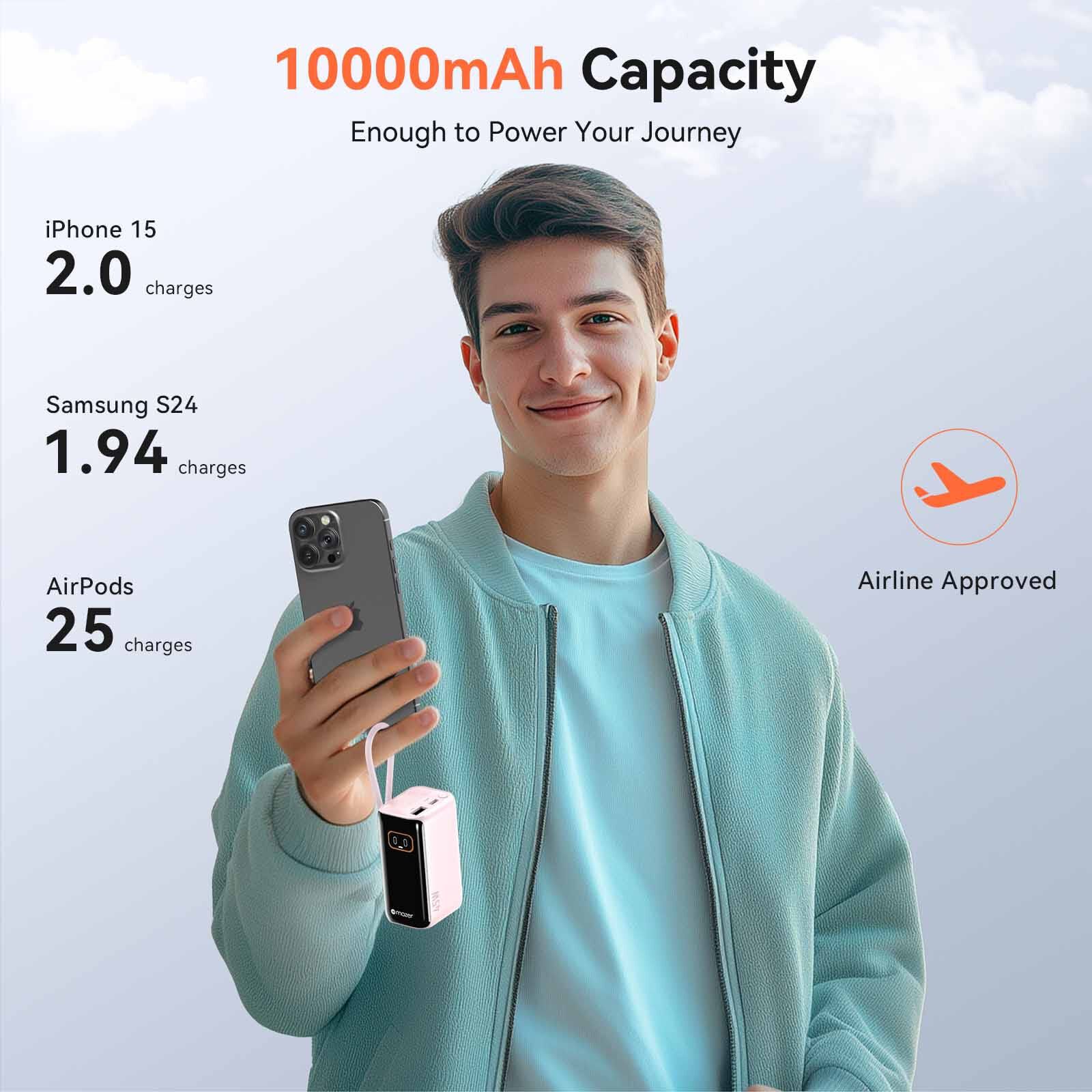 MAZER Powercharge Rlink 10,000mah/pd45w With Built-in Retractable C-cable Powerbank - Pink M-AI-PC45R10-V7-PK-image 4