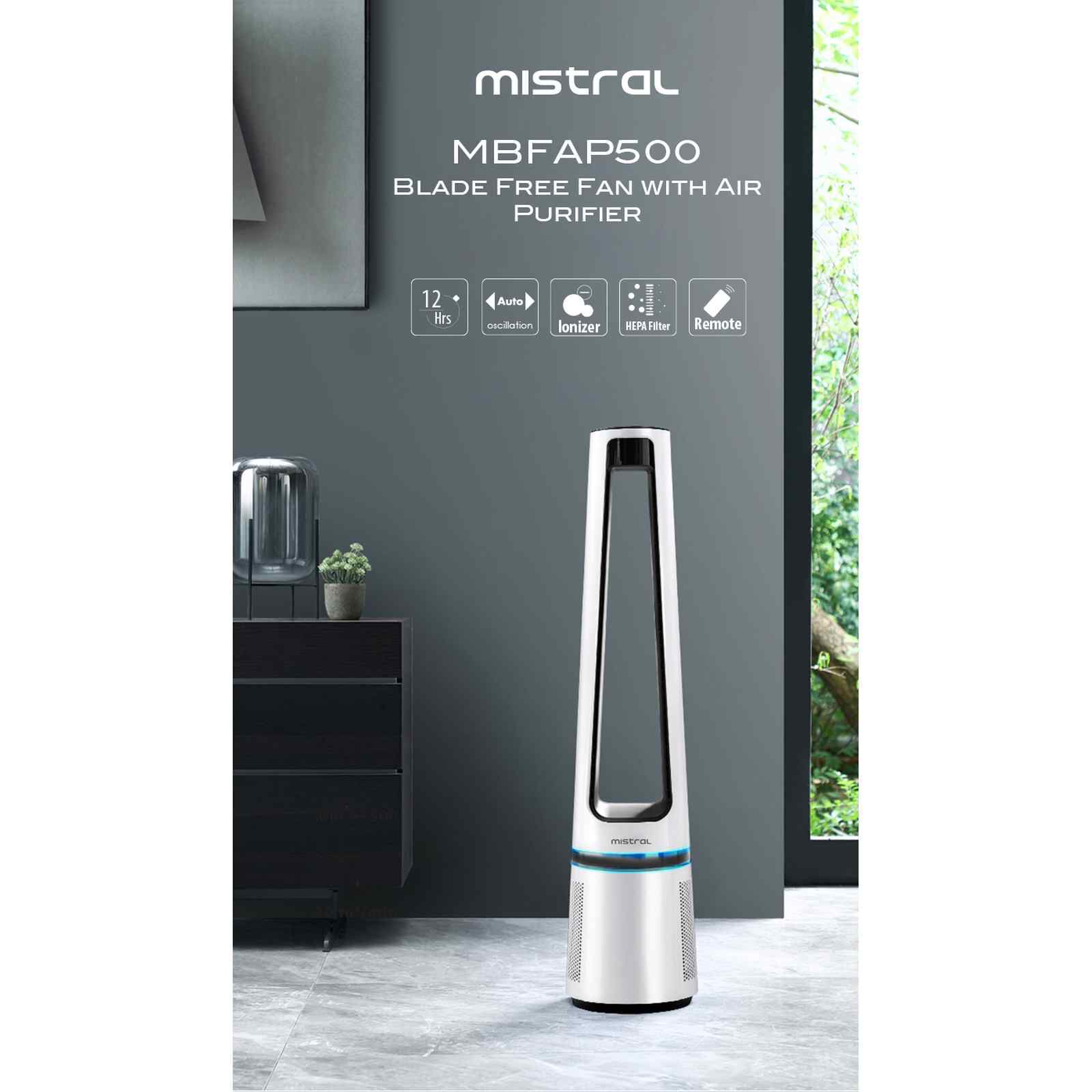 MISTRAL Bladeless Fan With Air Purifier -white MBFAP500-image 4
