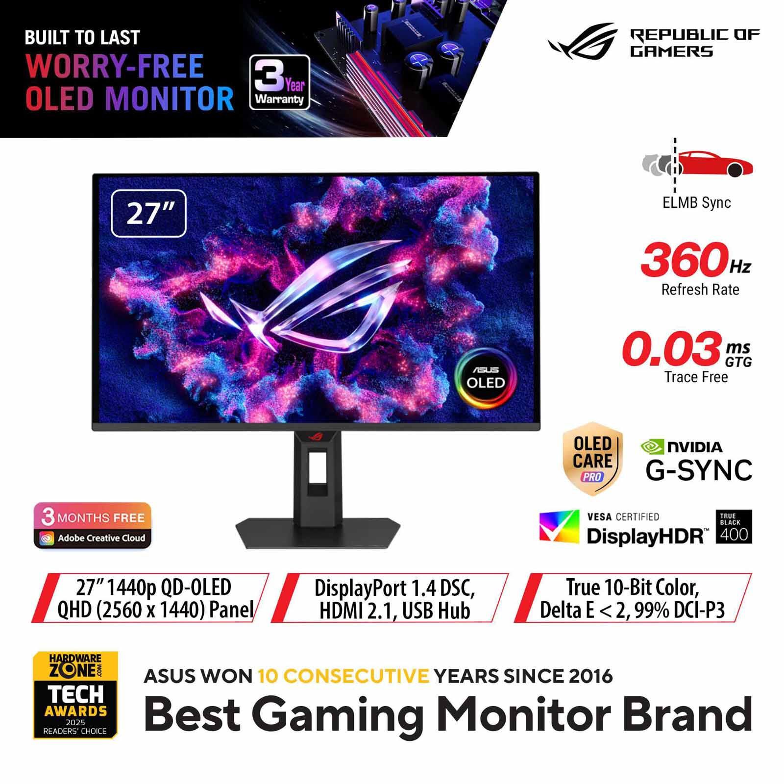 ASUS 26.5in Rog Strix Oled Qhd 360hz Gaming Monitor XG27AQDNG