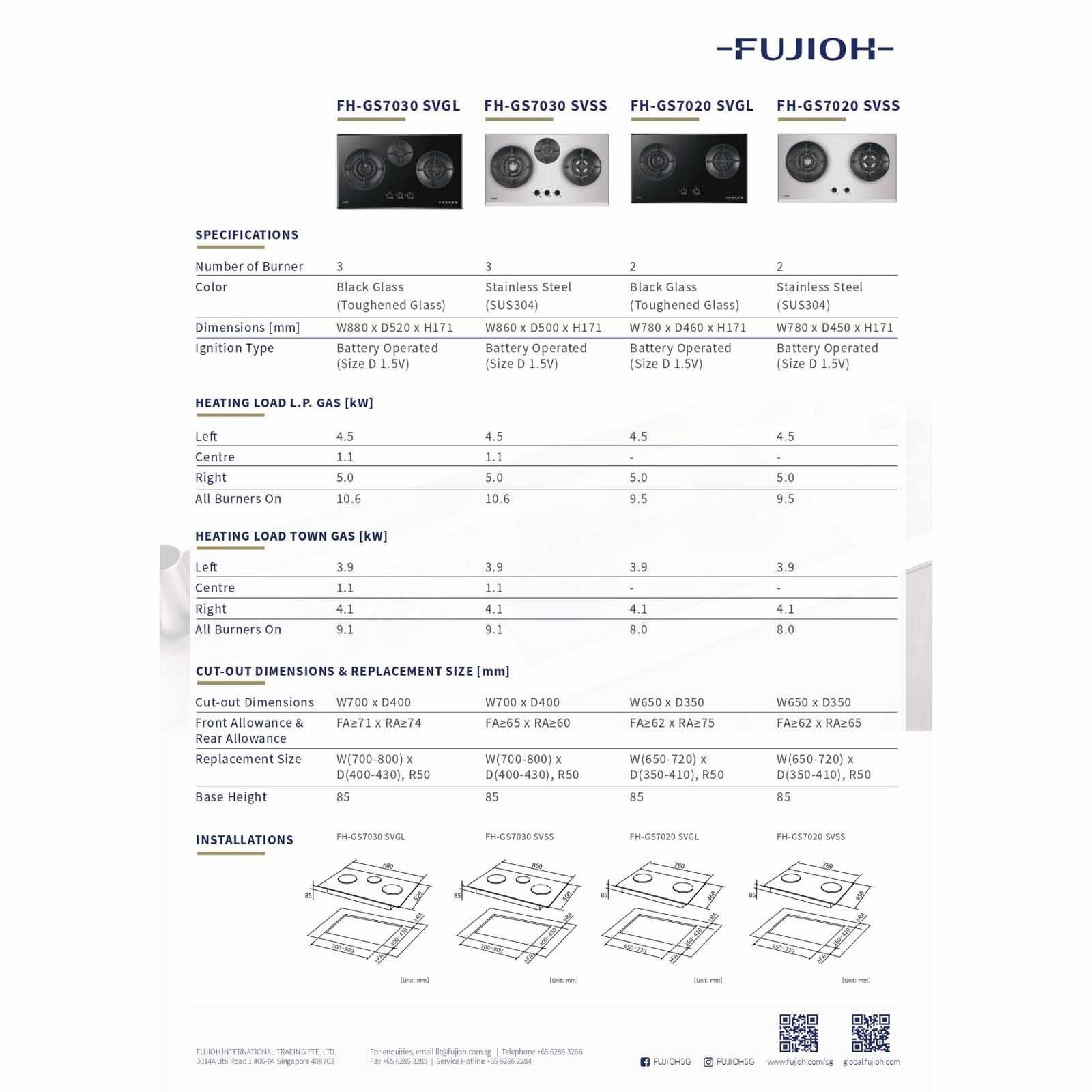 FUJIOH 88cm 3 Burners Gas Hob (tg) - Glass (exclude Installation) FH-GS7030 SVGL TG-image 3