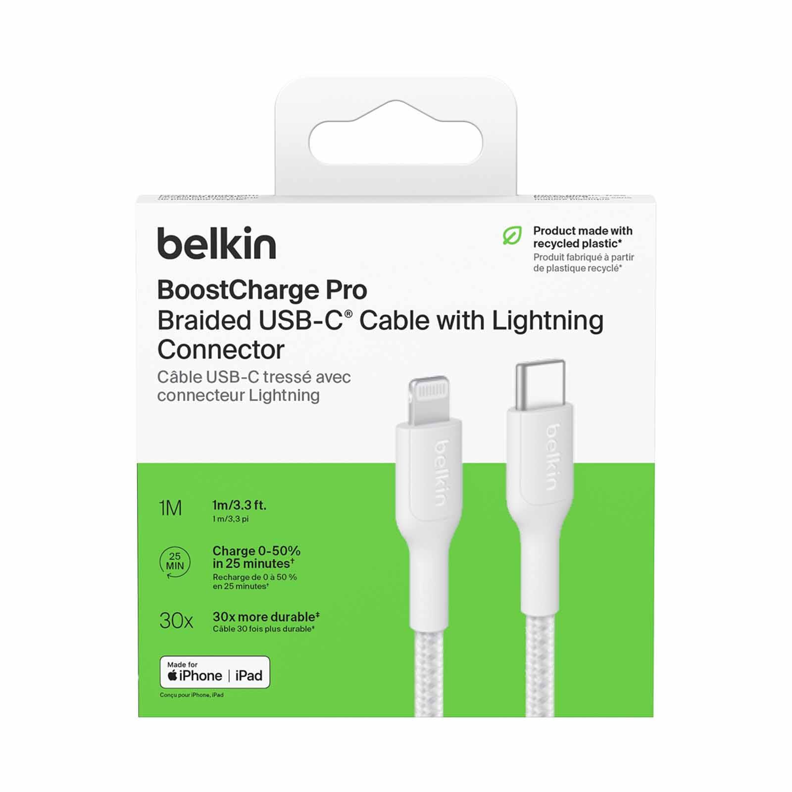 BELKIN Usb-c - Lightning Cable, Braided Pcr, 1m, White CAA022FQ1MWH-image 2