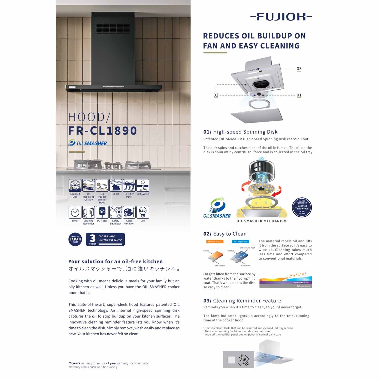 FUJIOH 90cm Made In Japan Patented Oil Smasher Chimney Hood - Rich Silver (exclude Installation) FR-CL1890 R RS-image 4