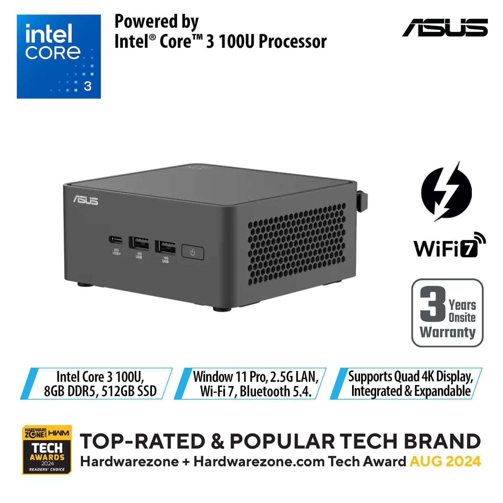 ASUS Nuc 15 Pro Tall U3-100u 8gb 512gb Ssd Win 11 Pro Intel Graphics RNUC15CRHI3053C3