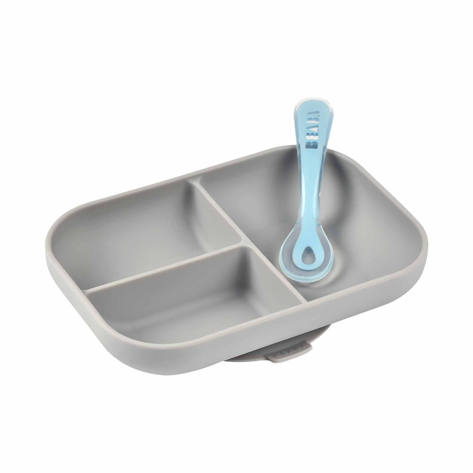 BEABA Suction Divided Plate & Spoon - Grey (online) SILICONE-image 2