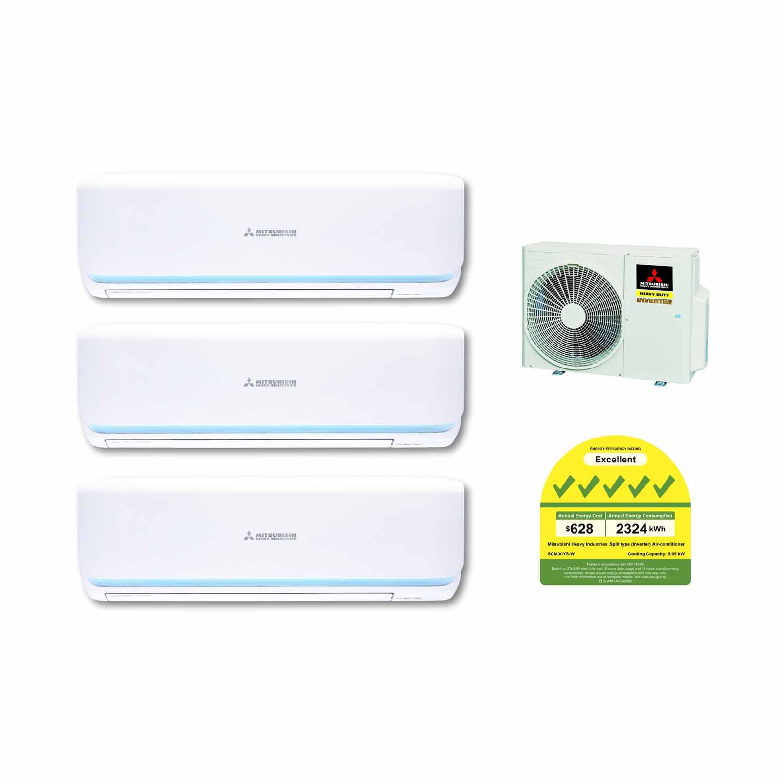 MHI Mhi Rocket Series 30k Cu System 3 (9000btu X 2, 18000btu X 1) SCM30YS-SRK10YYS2-W82-W8X2 /SRK18YYS-W8