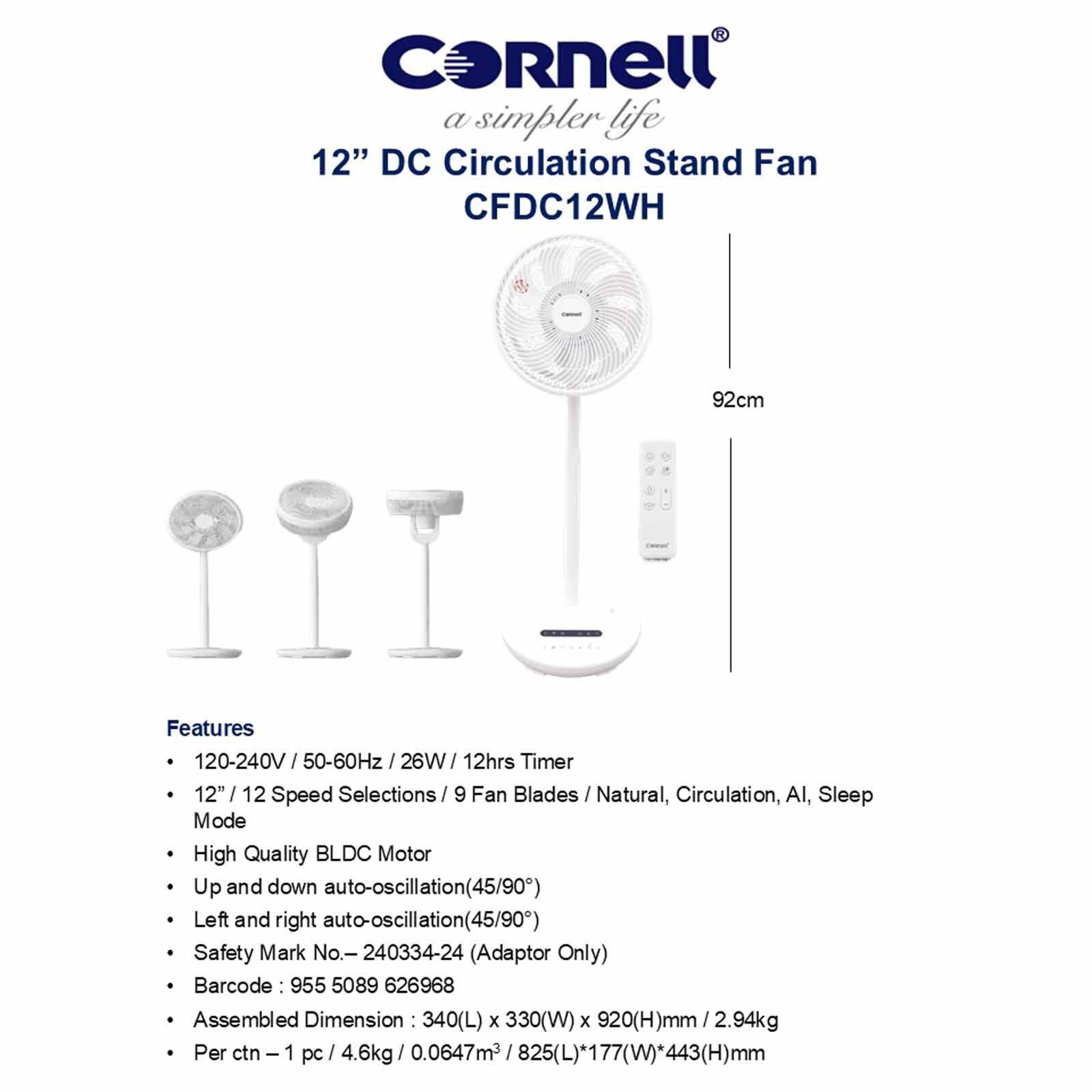 CORNELL 12 In Dc Circulation Stand Fan W/remote Control CFDC12WH-image 5