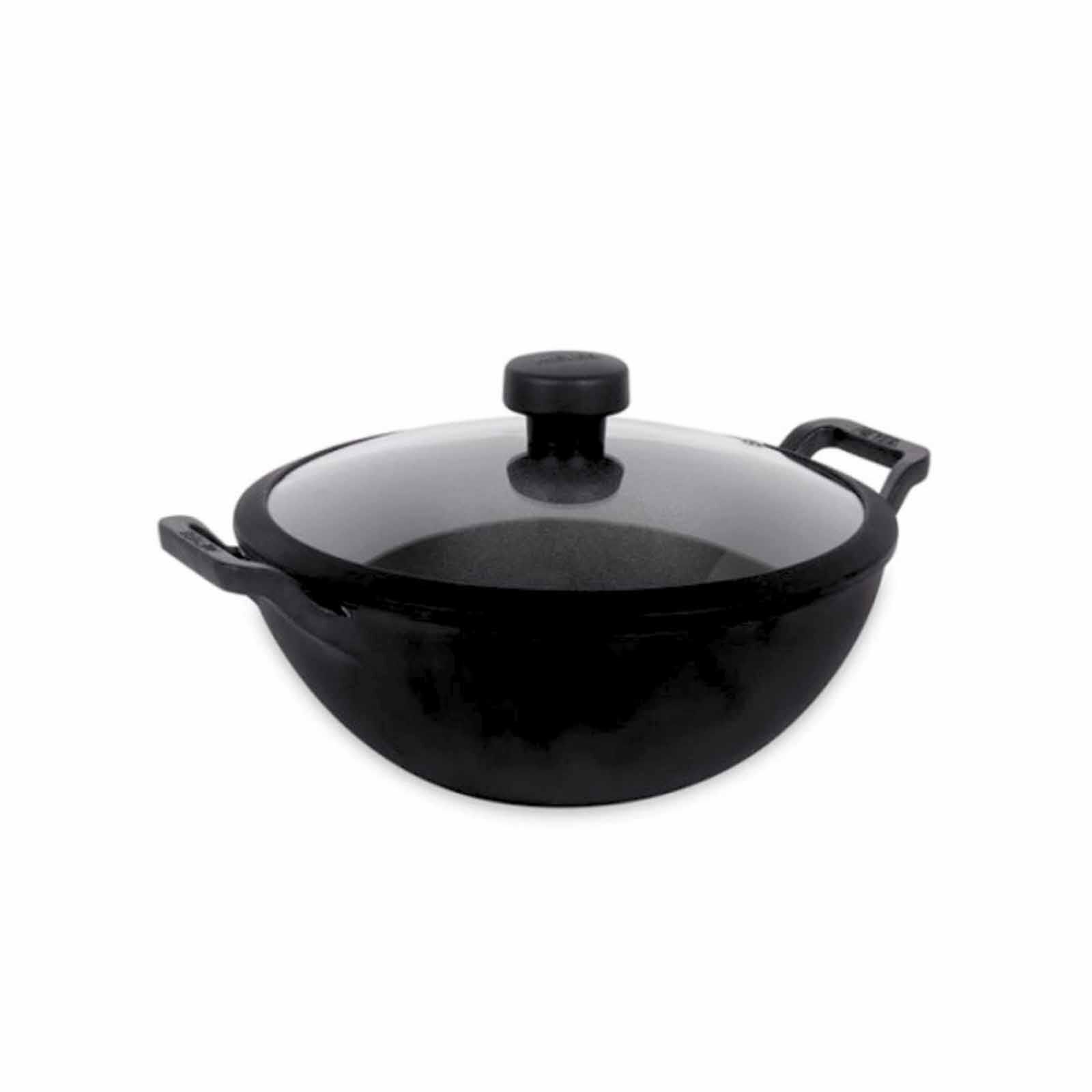 MEYER Pre-seasoned Cast Iron 24cm/3l Deep Kadai With Glass Lid 48188