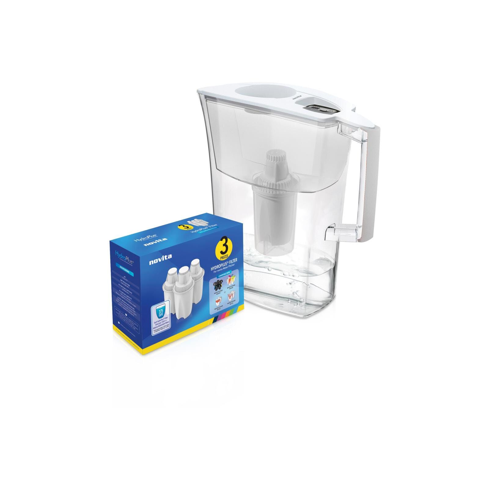 NOVITA Water Pitcher White Hydroplus & Filter Pack NP110W+ BUNDLE