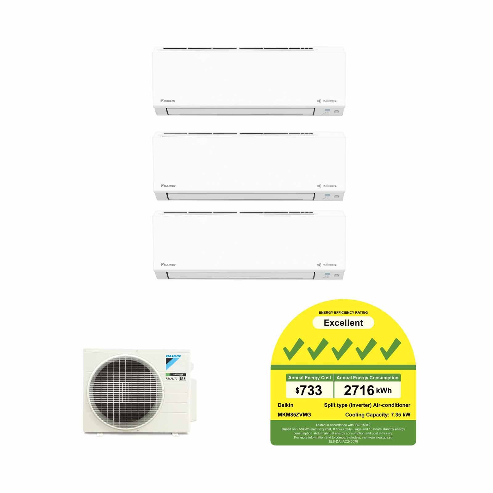 DAIKIN Daikin 8.5kwh Condenser Ismile Eco+ Series System 3 (9000btu X 2, 21000btu X 1) MKM85ZVMG+CTKM25ZVMG X 2/CTKM60ZVMG