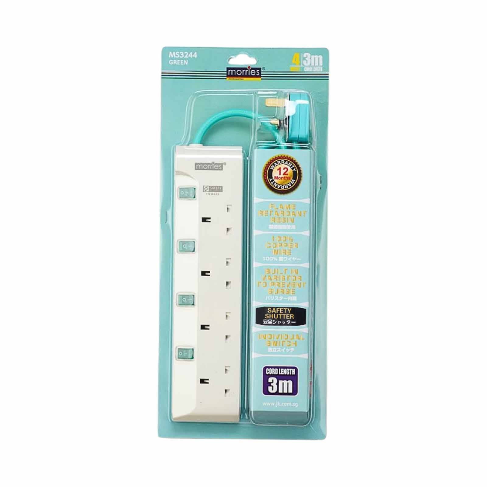 MORRIES 4 Way 3m Extension Cord W/surge Protector (green) MS-3244 (GREEN)