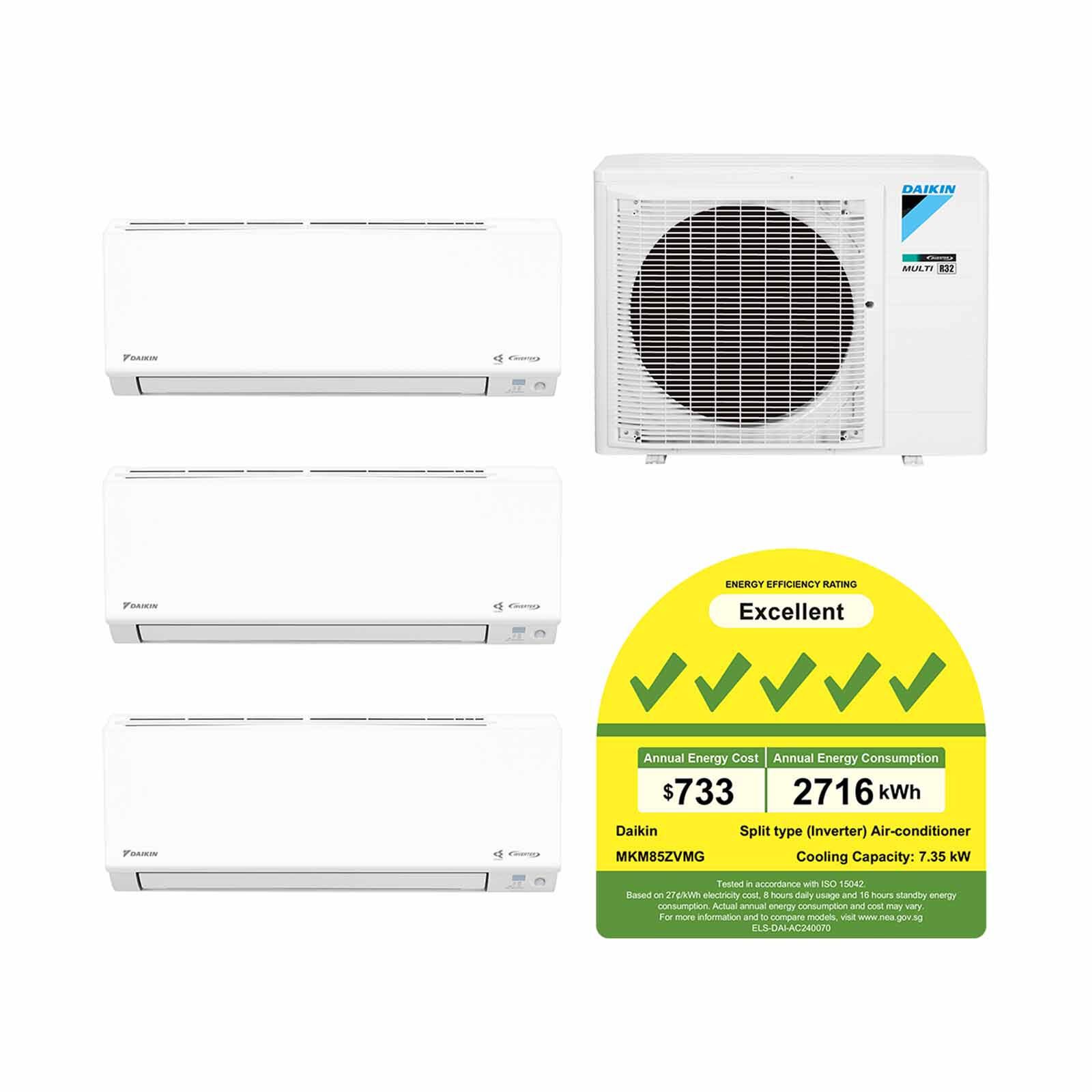 DAIKIN Daikin 8.5kwh Condenser Ismile Eco+ Series System 3 (12000btu X 3) MKM85ZVMG+CTKM35ZVMG X 3