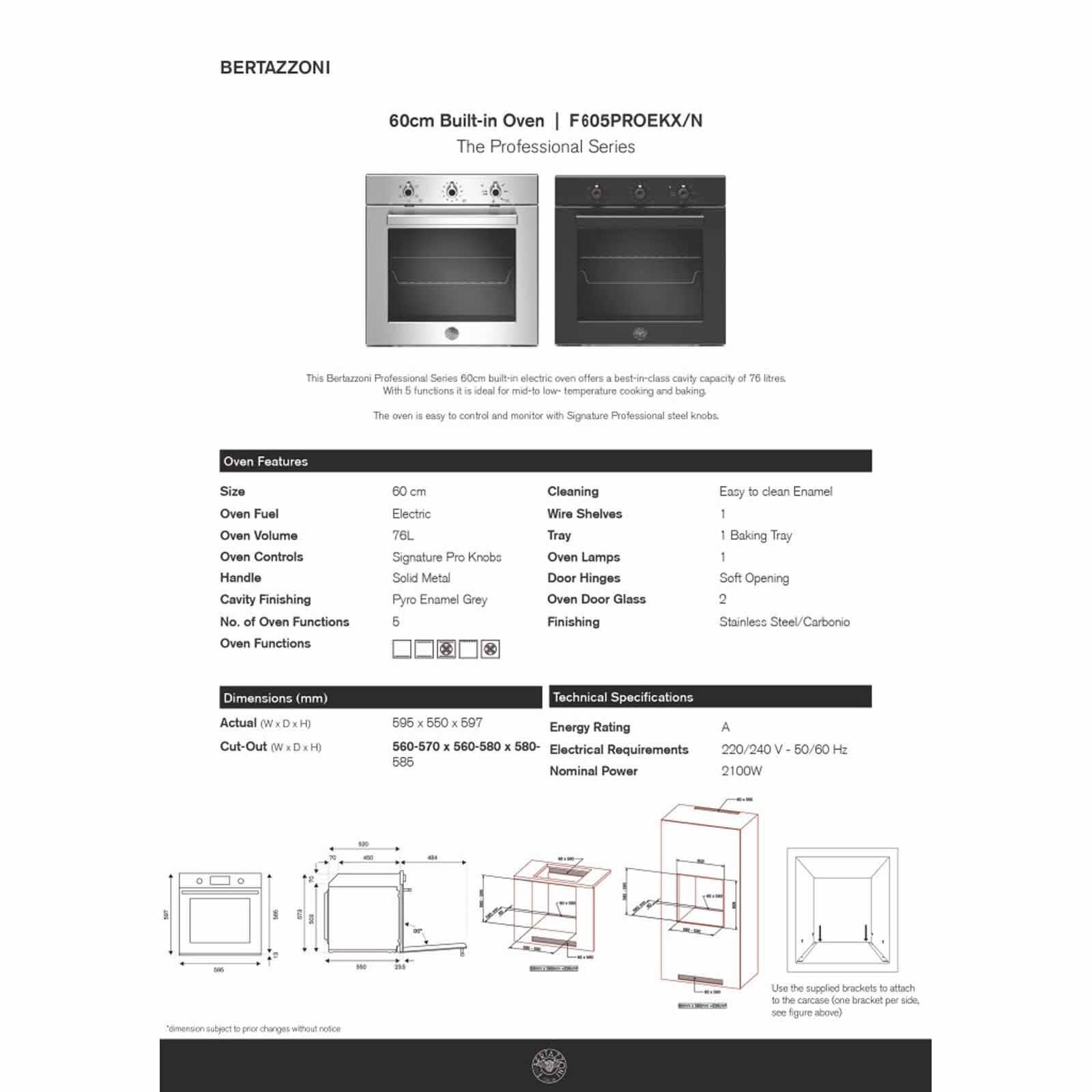 BERTAZZONI 60cm Built-in Oven Exclude Installation (matt Black Finish) F605PROEKN-image 5