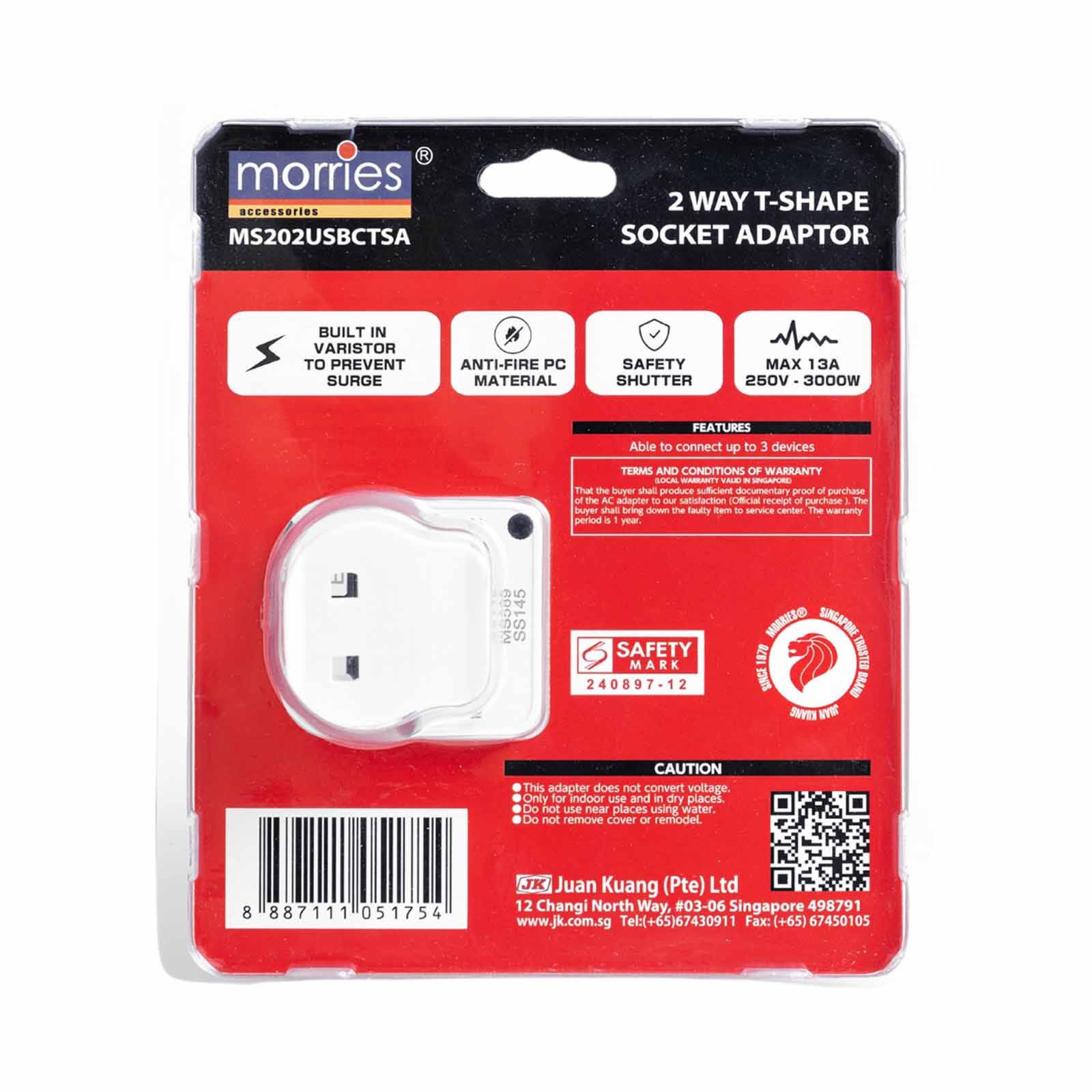 MORRIES T-shape 2 Way Socket Adaptor With 2 Usb And 1 Type C MS-202USBCTSA-image 2