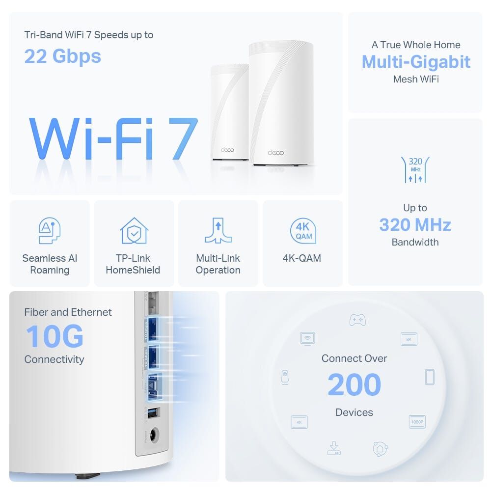 TP LINK Be22000 Tri-band Whole Home Mesh Wifi 7 System - 2 Pack TPL-DECO-BE85-2PK-image 4