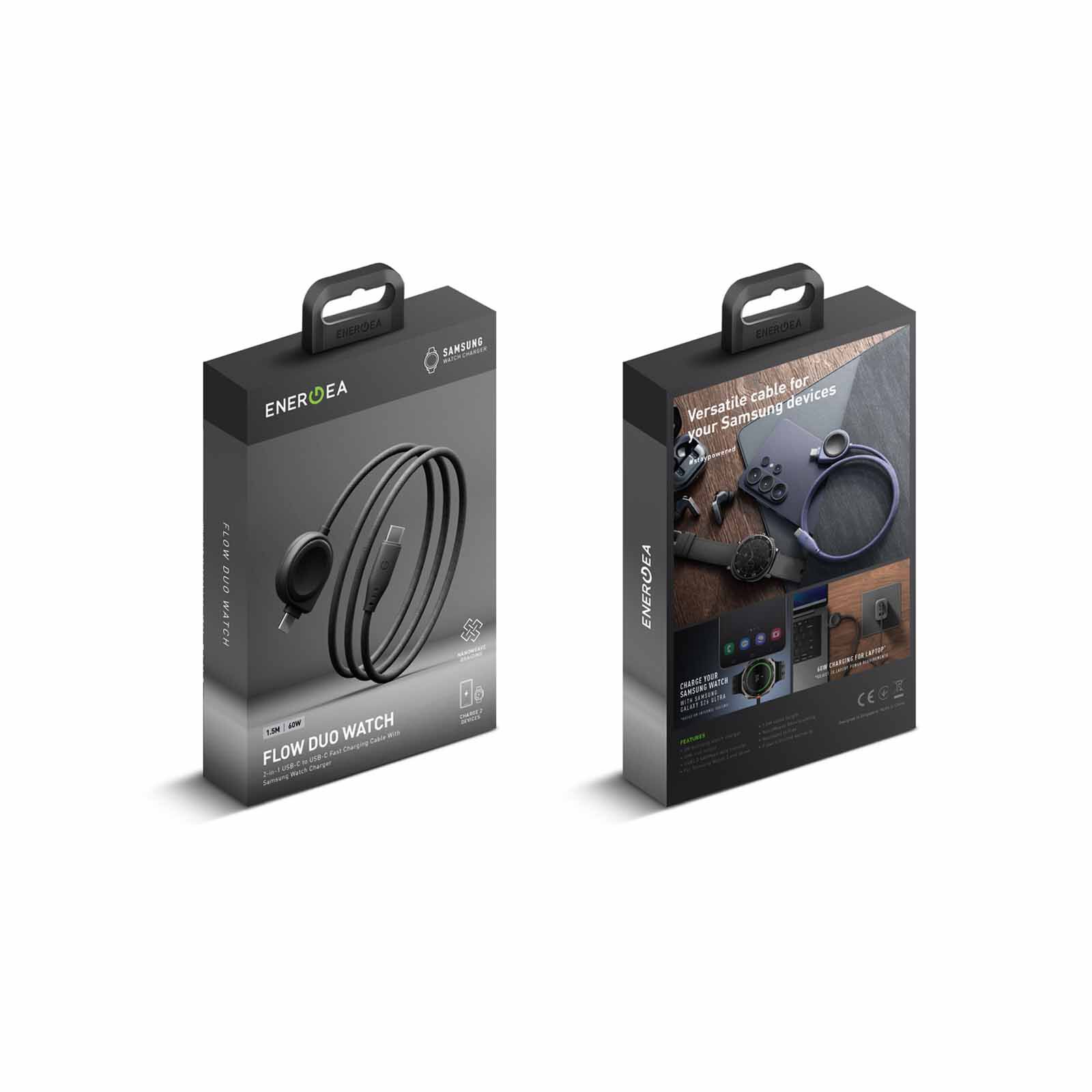 ENERGEA Flow Duo Watch, 2-in-1 C To C + Samsung Watch Cable, 480mbps, 60w, 1.5m -black CBL-FLDSAM-BLK-image 3
