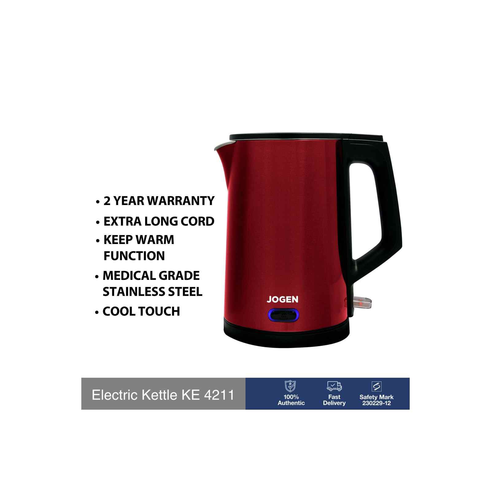 JOGEN Stainless Steel Kettle (1.7l) - Red KE 4211-image 2