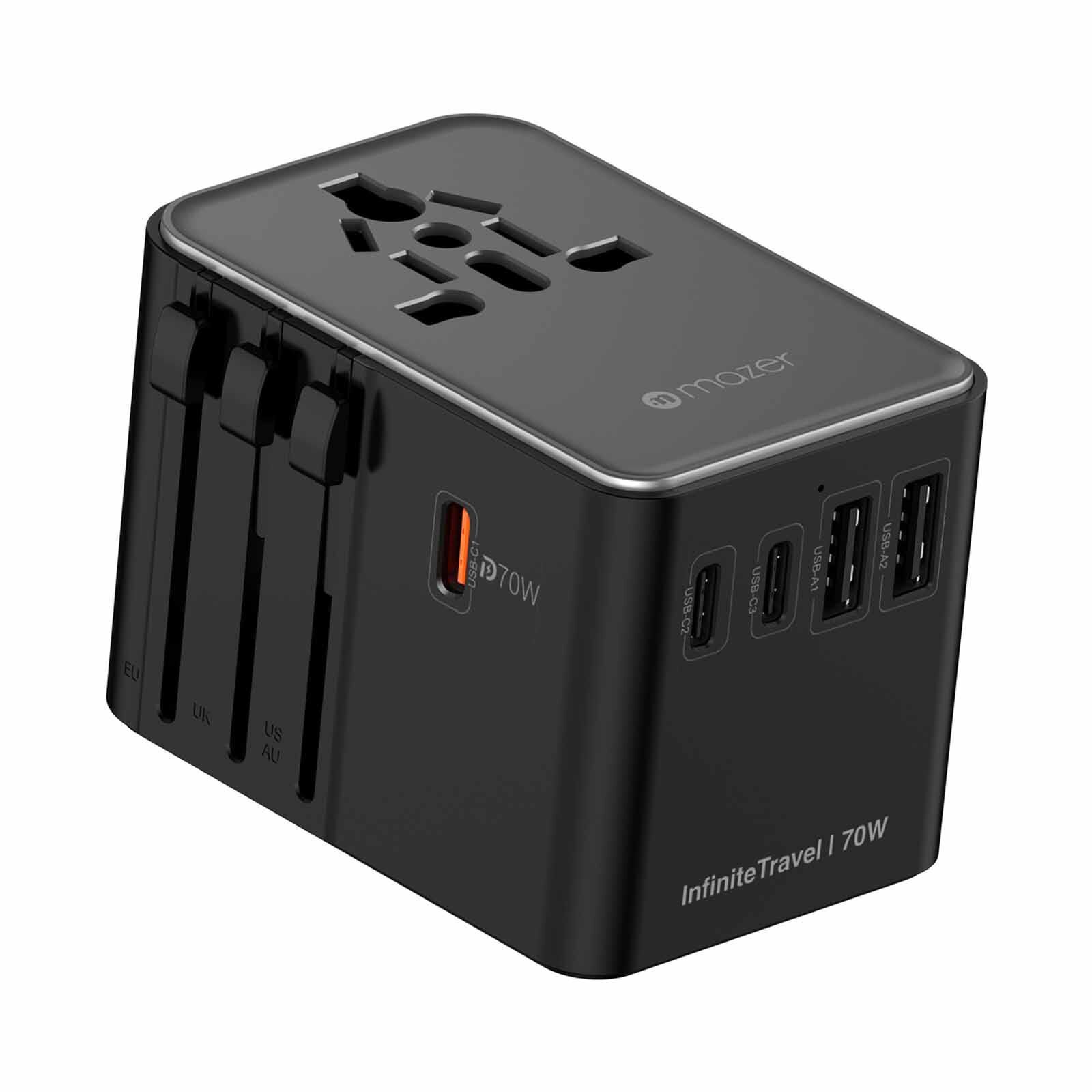 MAZER Infinitetravel Gan Pd70w 3c+2a 100-240v/8a Spare Fuse World Travel Charger-blackgrey M-IFTRAVEL170PD-BG-image 3